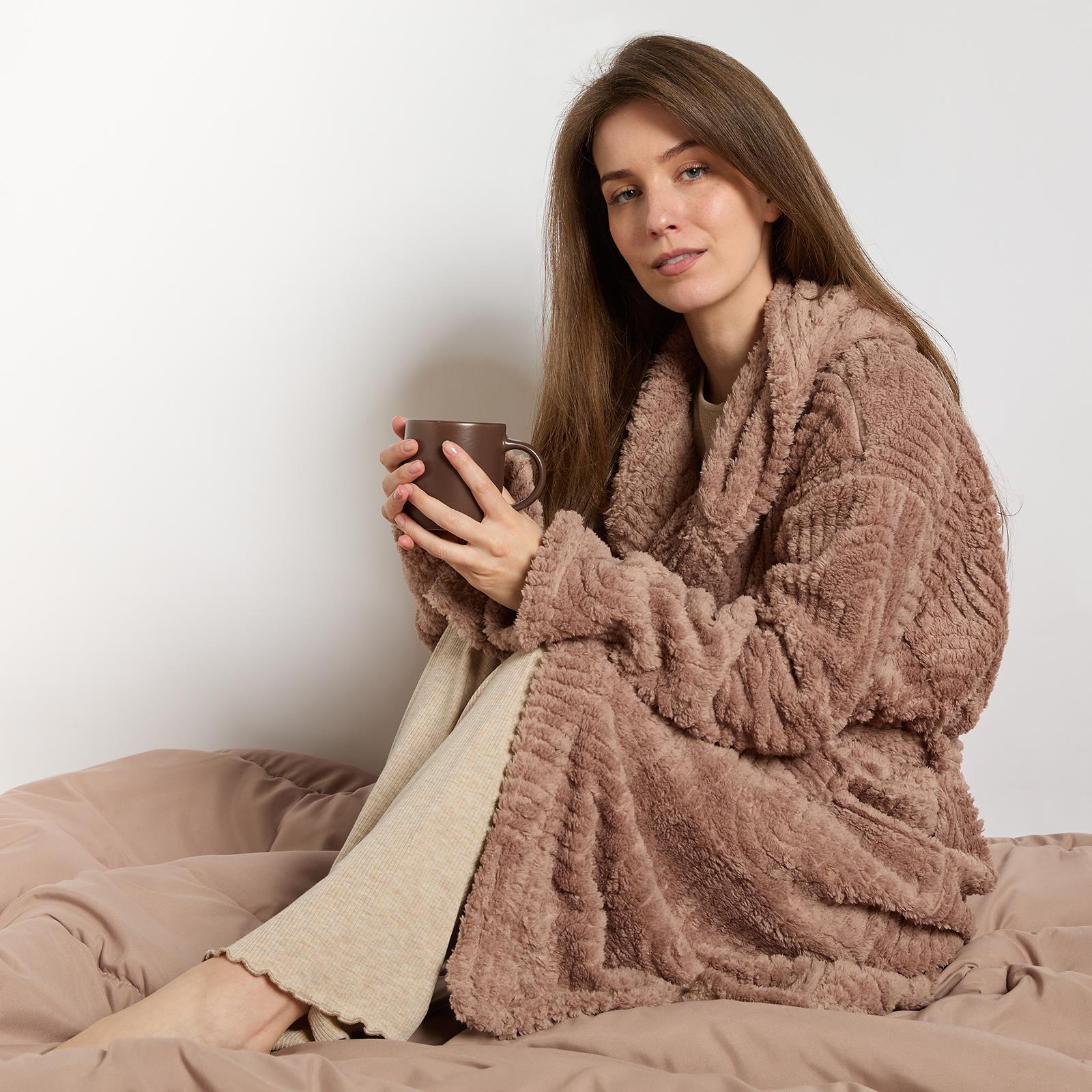 OHS Tufted Dressing Gown Soft Fleece Robe Thermal Bathrobe Hooded Loungewear