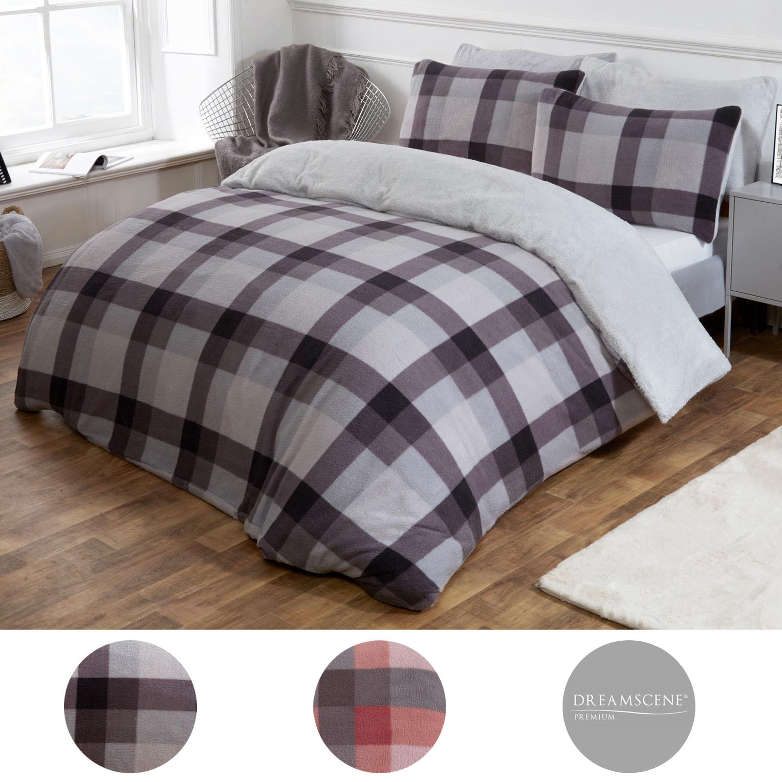 Dreamscene Check Teddy Fleece Duvet Cover with Pillowcase Thermal