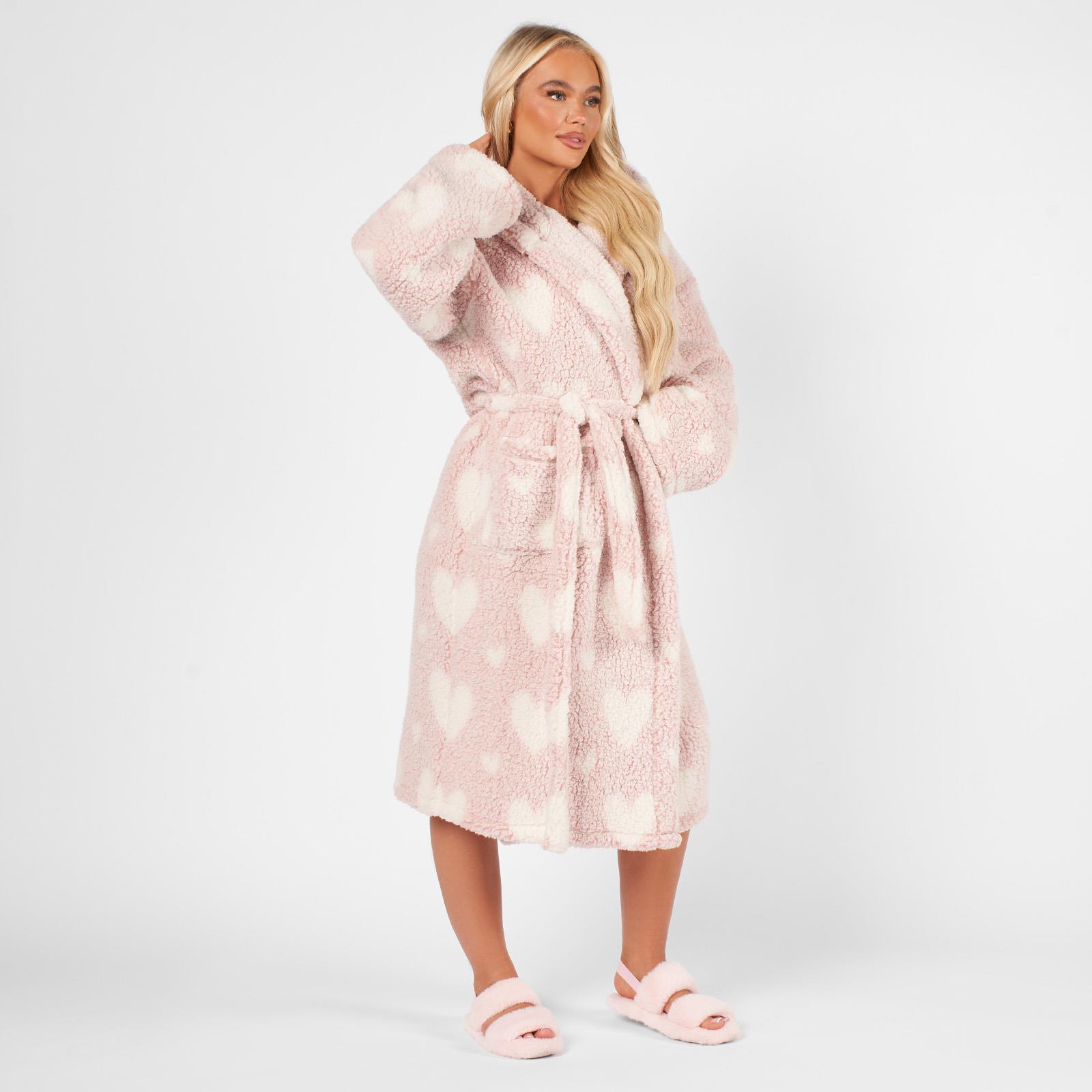 Heart Dressing Gown Soft Teddy Marl Fleece Hooded Ladies Long Warm Robe Womens