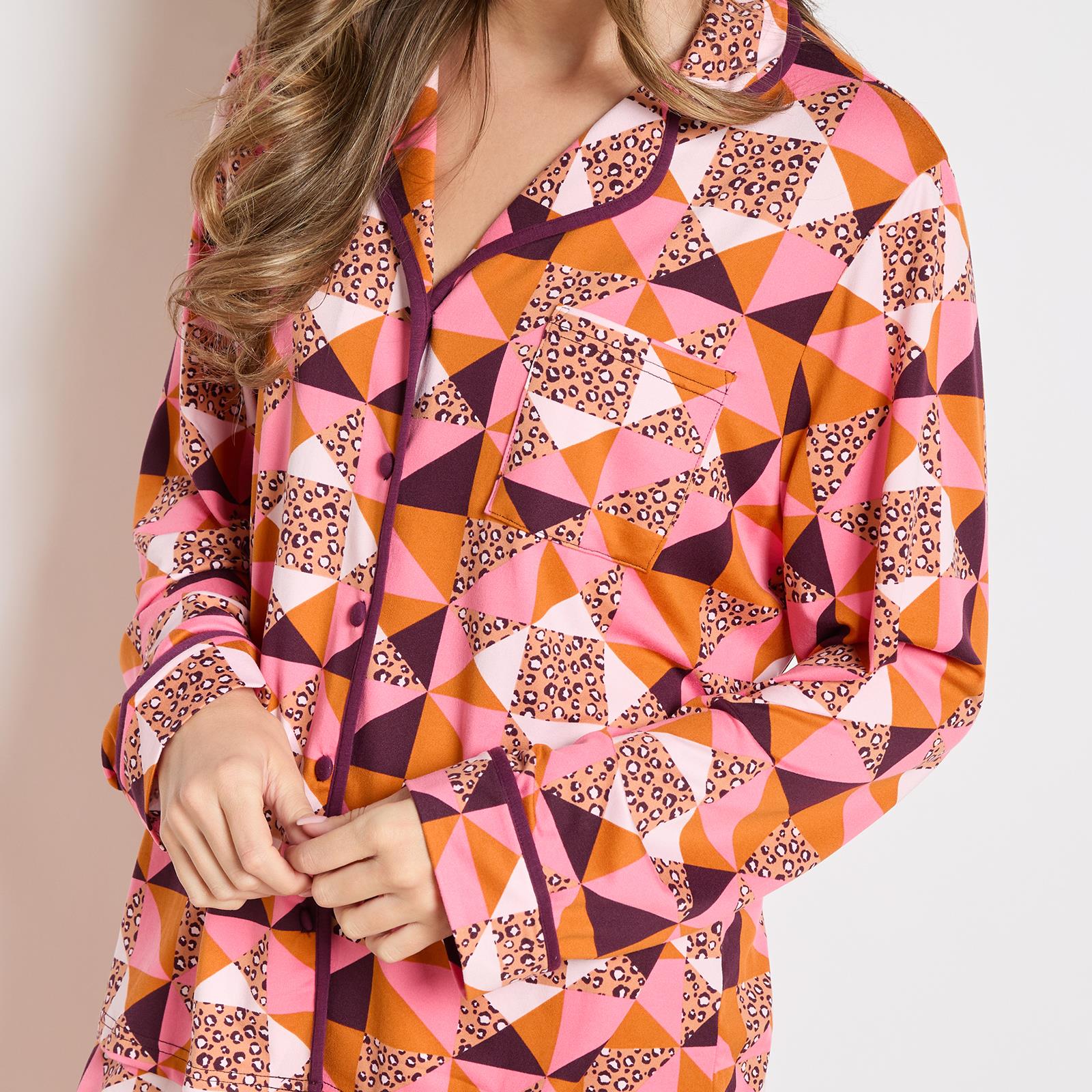 OHS Geo Print Pyjama Set Jersey Button Through Ultra Soft Nightwear Loungewear
