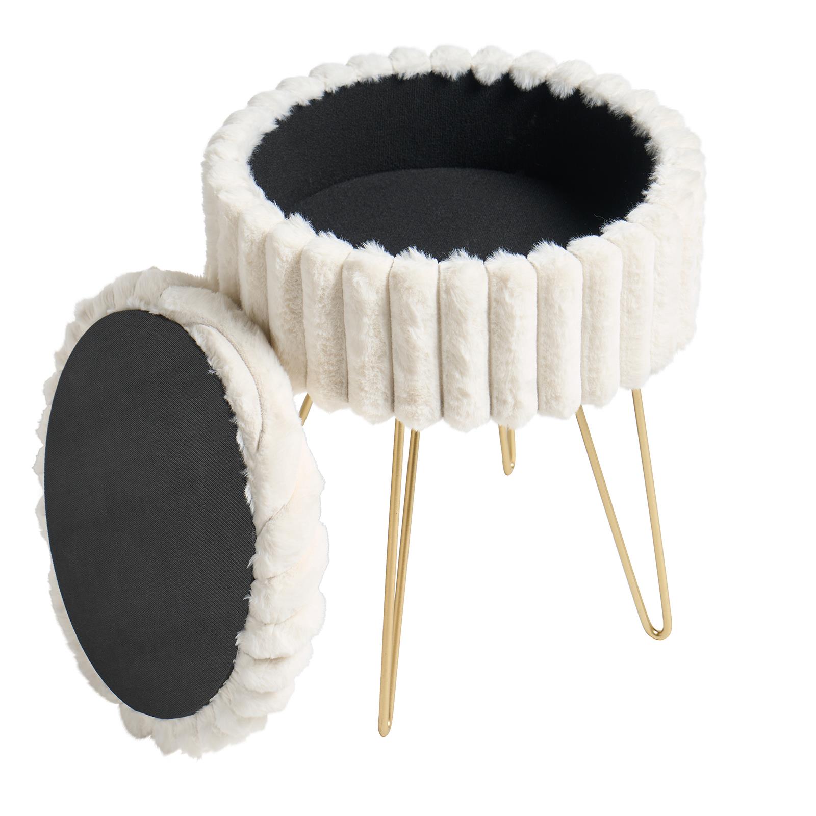 OHS Faux Fur Stool Hairpin Ribbed Fleece Round Vanity Seat Foot Rest Chair
