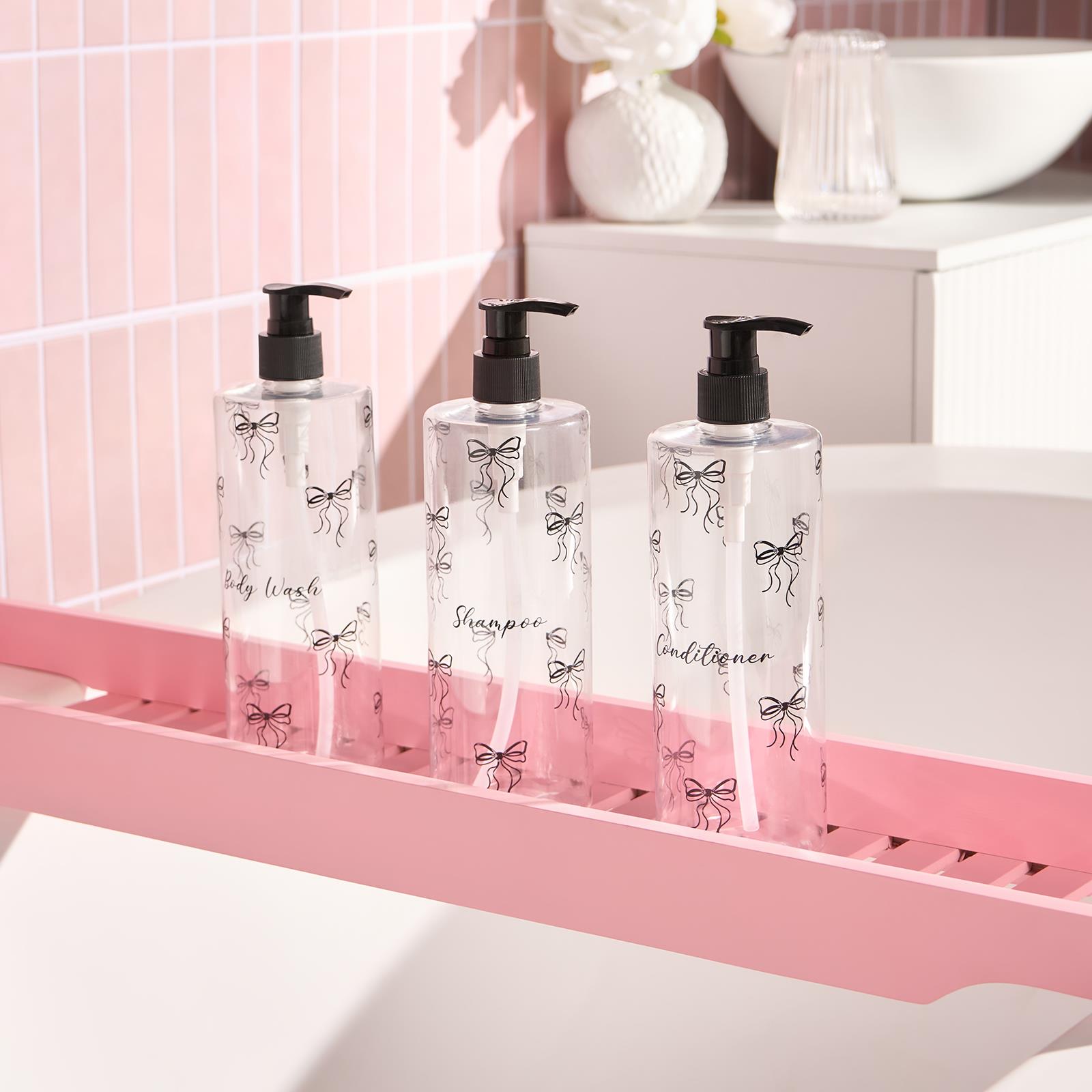 OHS Bows Pump Dispenser Bottles 3 Pack Refillable Shampoo Conditioner Containers