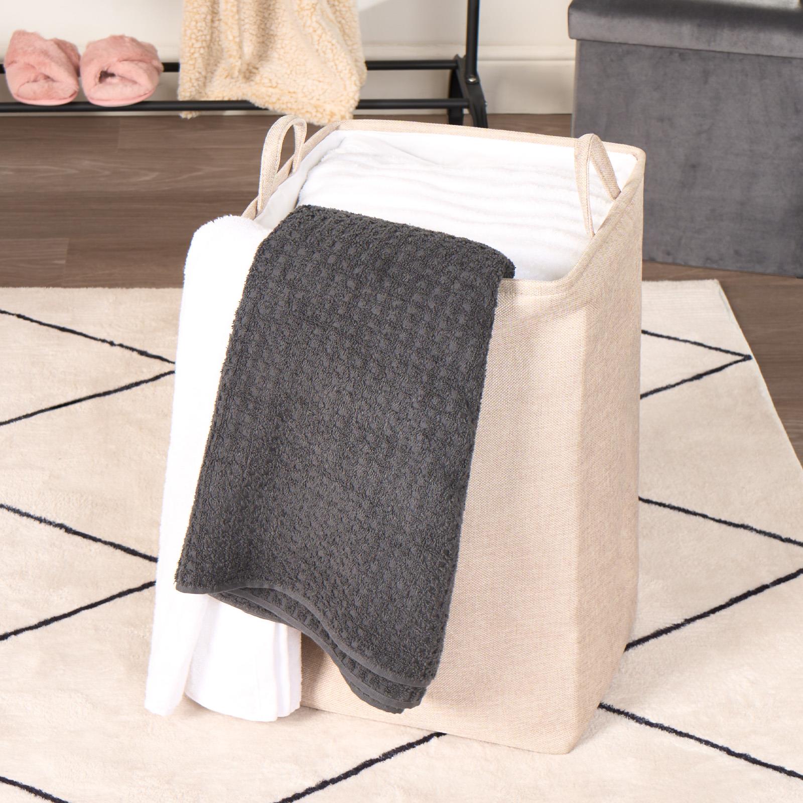 Laundry Basket Bag Foldable Drawstring Clothes Bin Organiser Faux Linen Handles