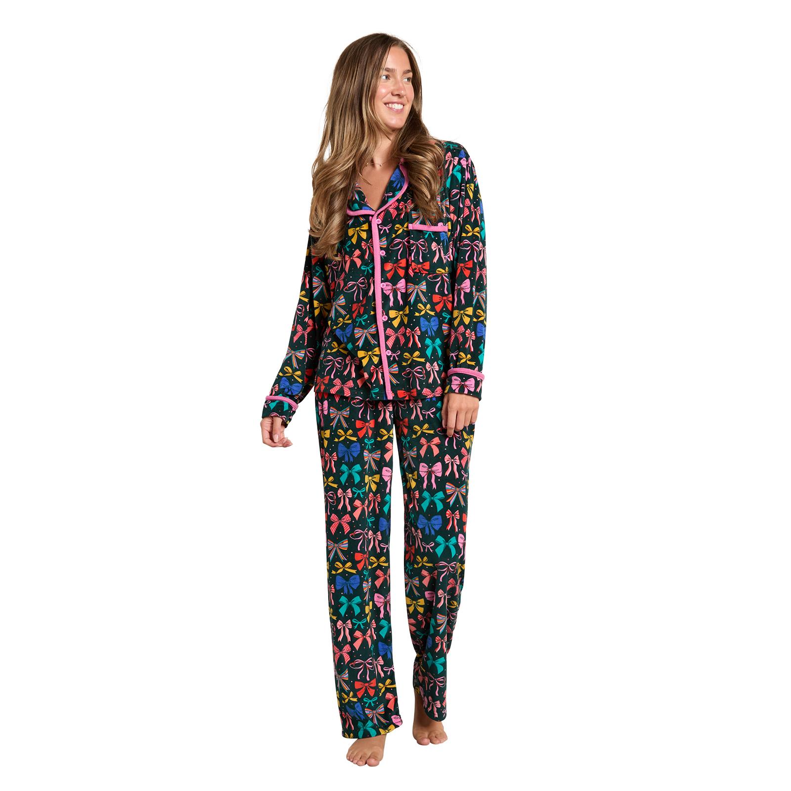OHS Matte Velvet Pyjama Set Festive Piped Button Through Nightwear PJs