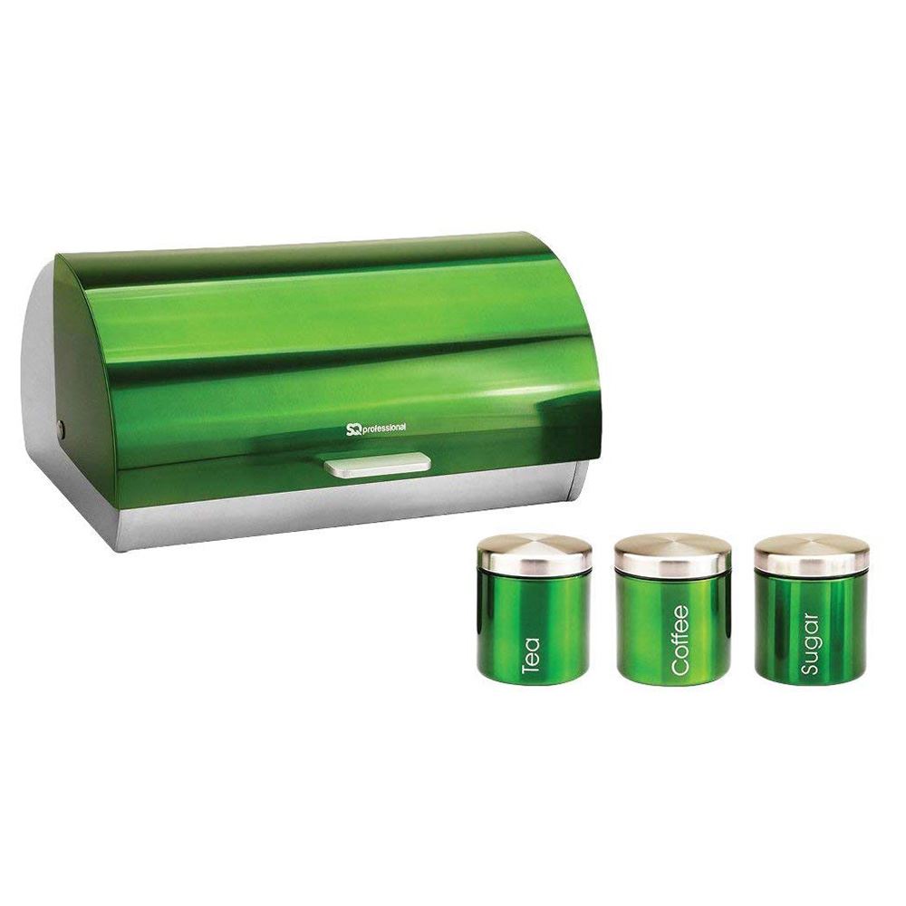 Metallic Roll Top Bread Bin Tea Coffee Sugar Jar Canister Sets Kitchen