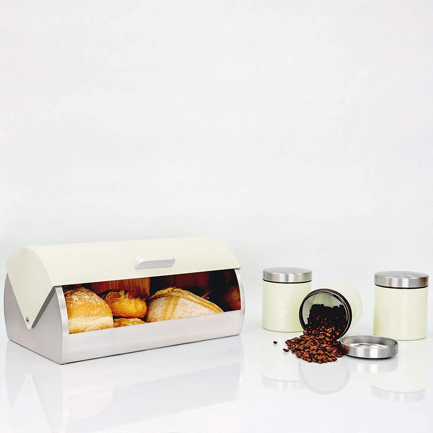 Metallic Roll Top Bread Bin Tea Coffee Sugar Jar Canister Sets Kitchen