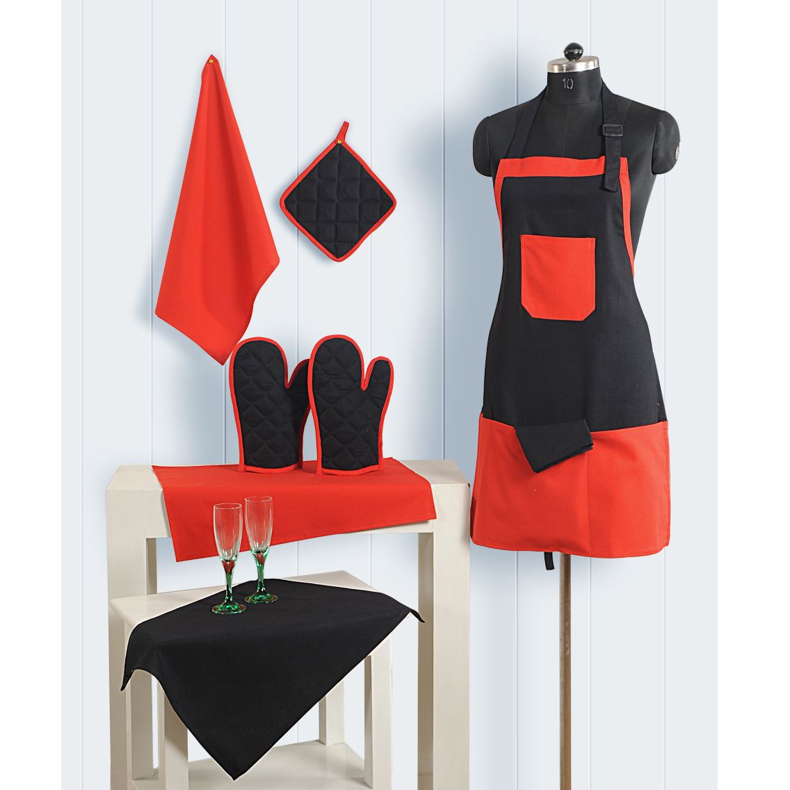 8pc Kitchen Linen Set Apron Oven Gloves Hot Plate Holder Tea Towels