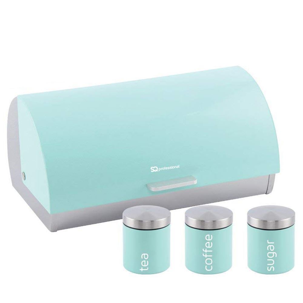 Metallic Roll Top Bread Bin Tea Coffee Sugar Jar Canister Sets Kitchen