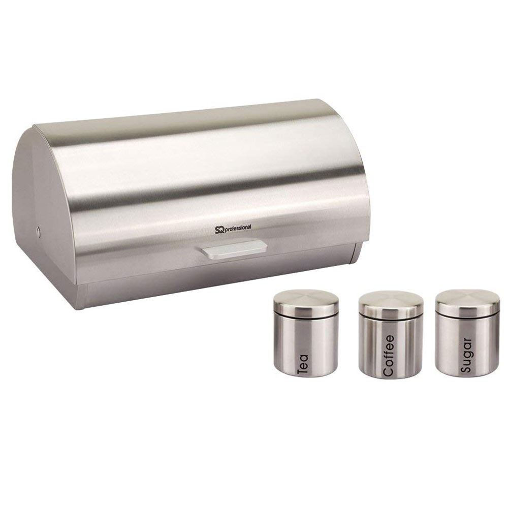 Metallic Roll Top Bread Bin Tea Coffee Sugar Jar Canister Sets Kitchen