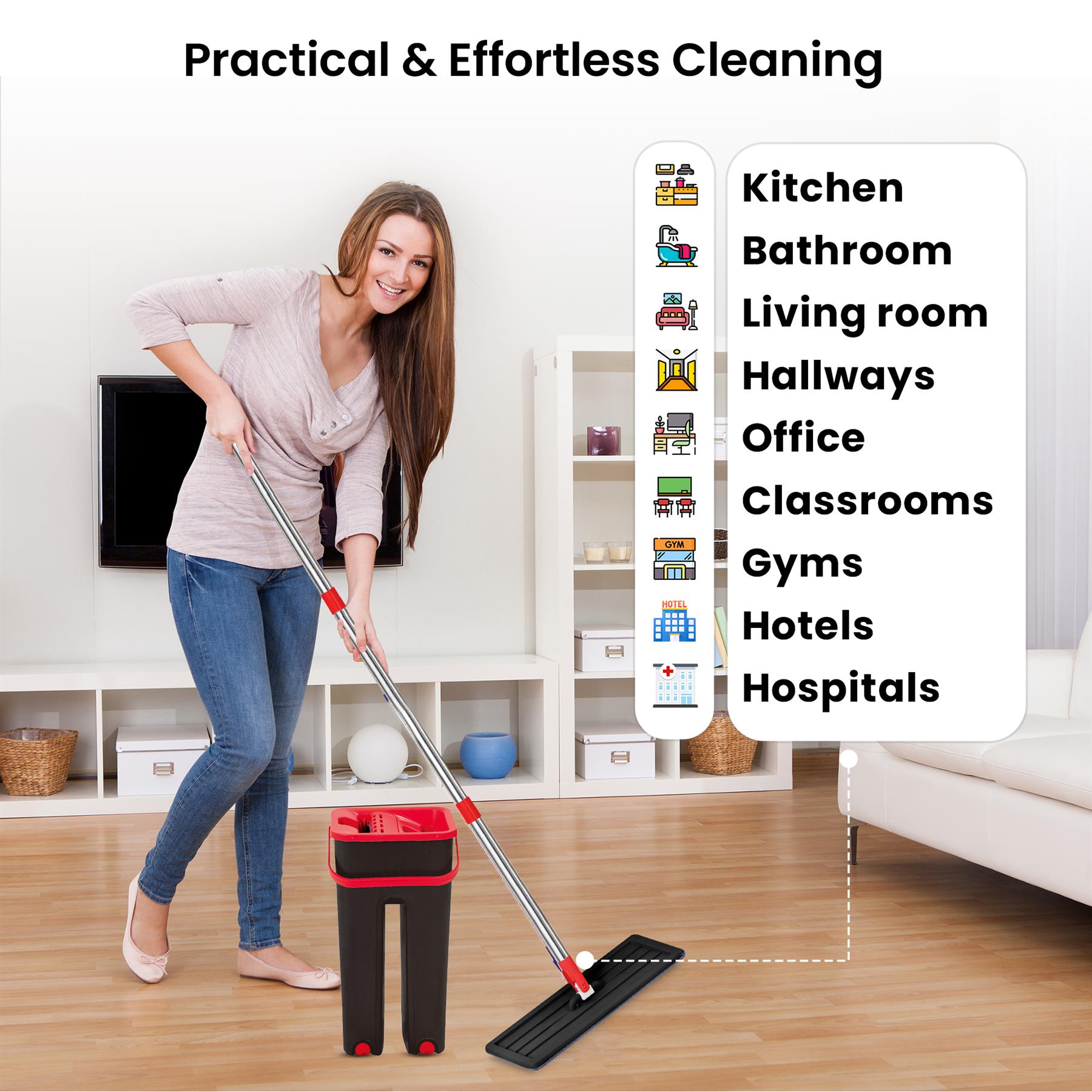 Flat Mop & Bucket Set 2x Microfibre Pads 360° Swivel Head Easy Floor Cleaning - Picture 34 of 34