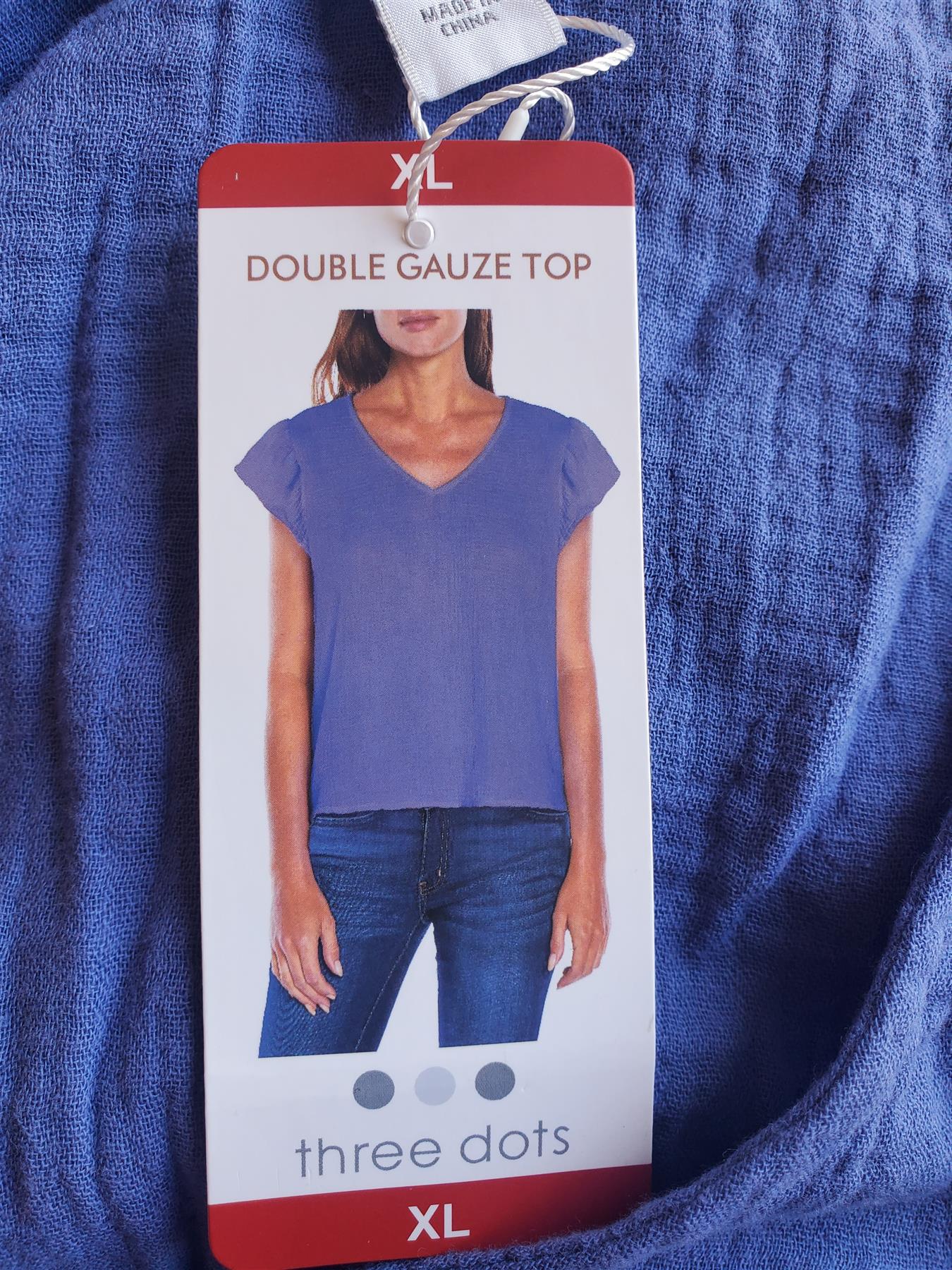 Three Dots Short Sleeve V-Neck Double Layer Cotton Gauze Blouse - Picture 7 of 7