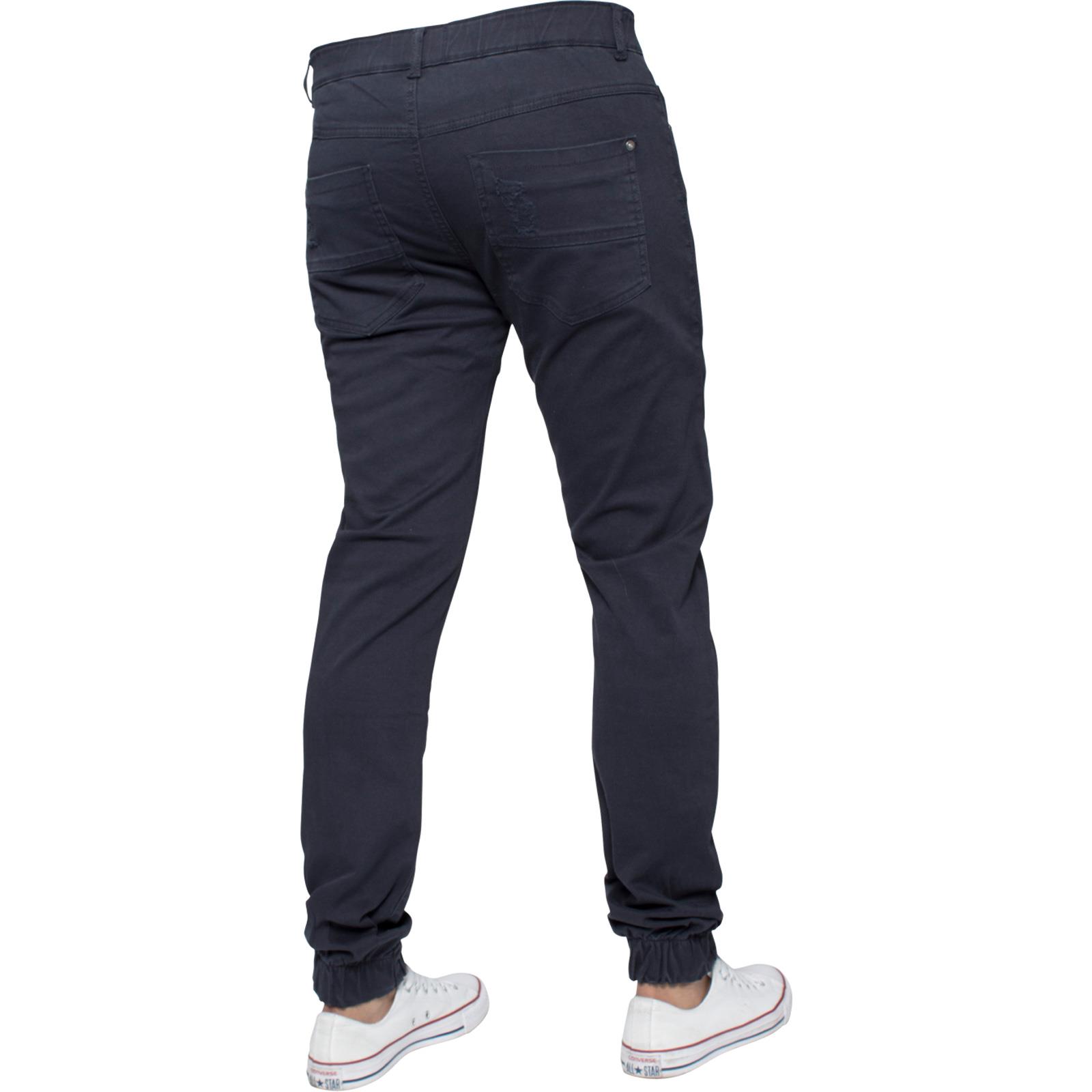 Enzo Mens Ripped Cuffed Chinos Jeans Slim Stretch Jogger Pants All