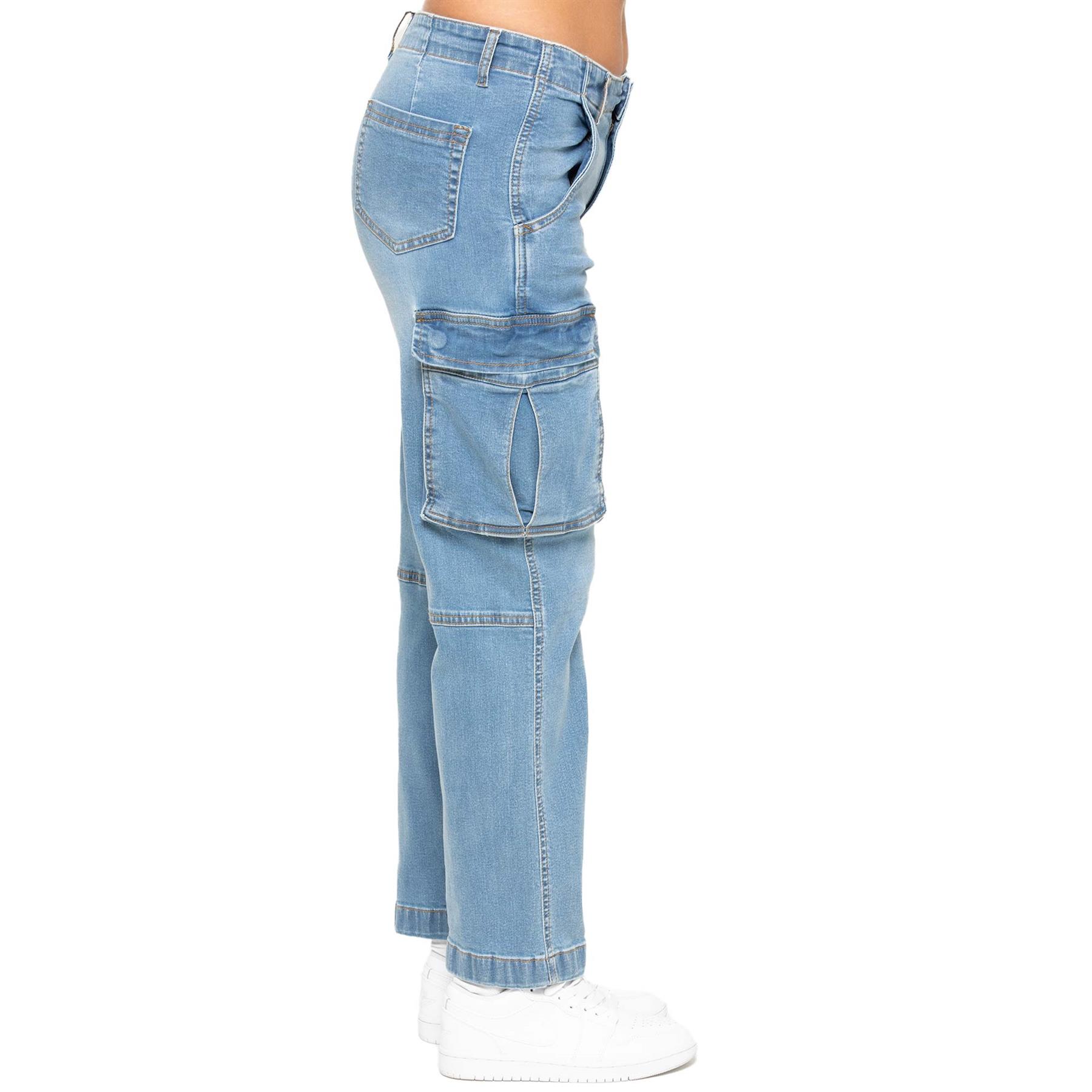 Enzo Womens Straight Leg Cargo Denim Jeans Mid Rise Casual Cotton Pants - Picture 20 of 27