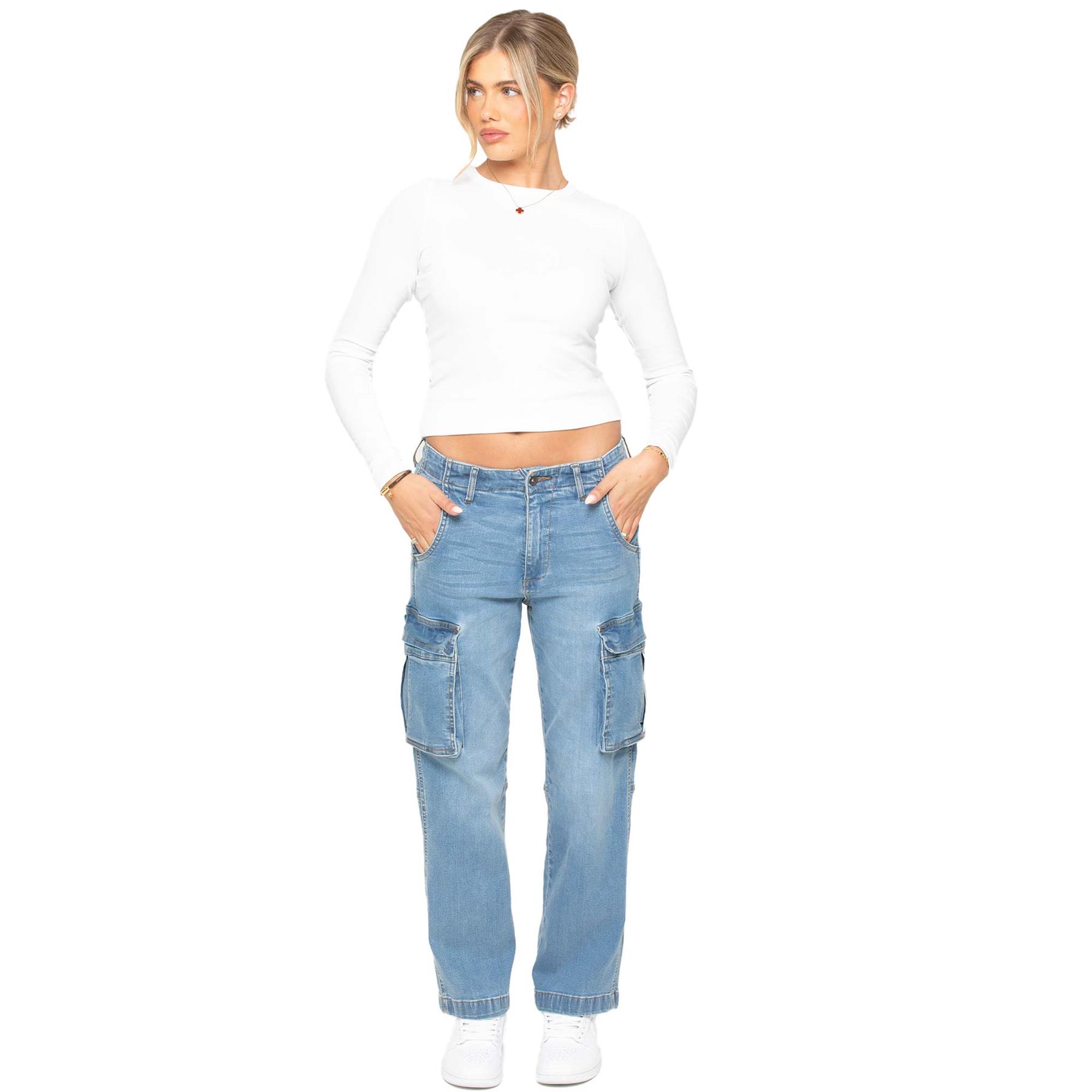 Enzo Womens Straight Leg Cargo Denim Jeans Mid Rise Casual Cotton Pants - Picture 21 of 27