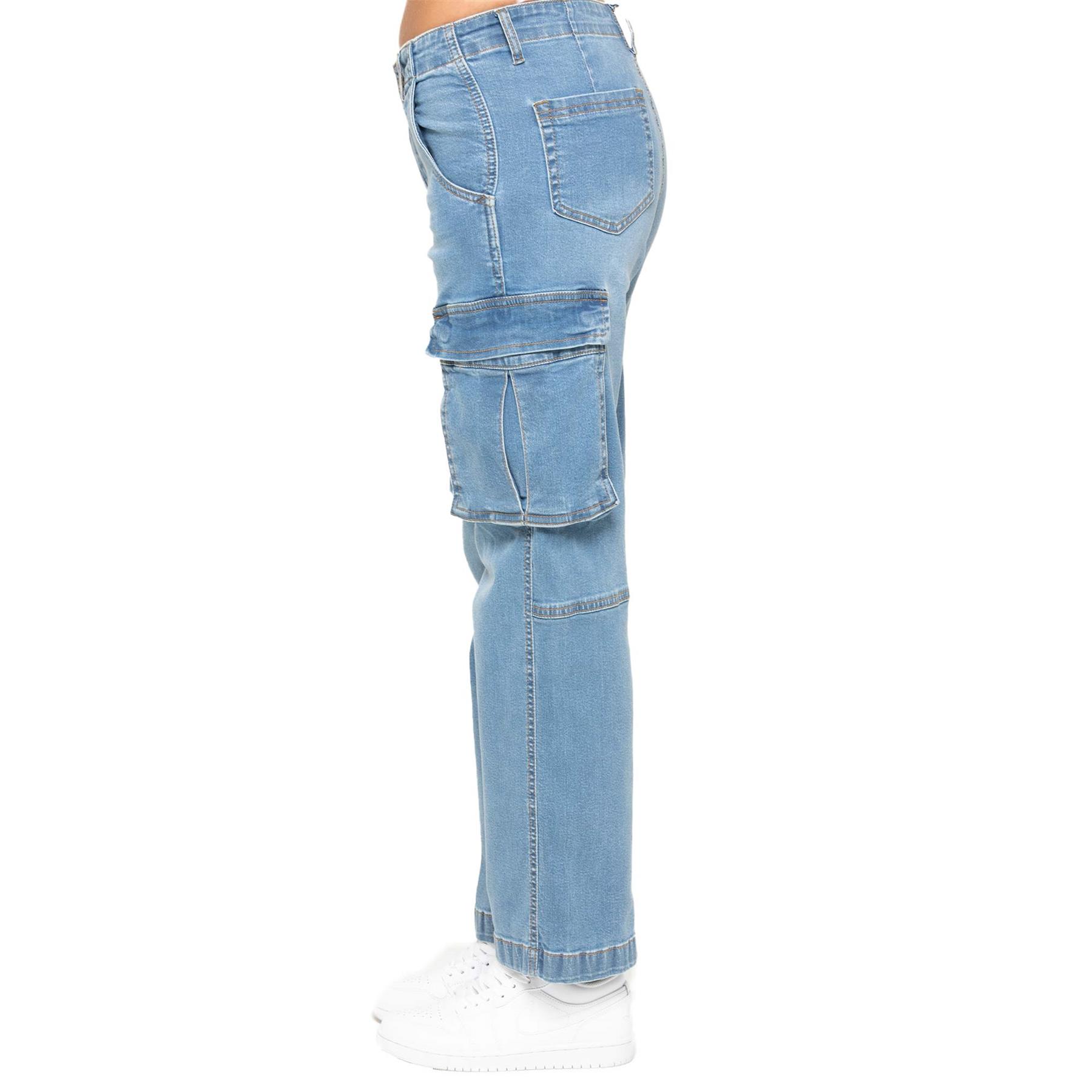 Enzo Womens Straight Leg Cargo Denim Jeans Mid Rise Casual Cotton Pants - Picture 19 of 27