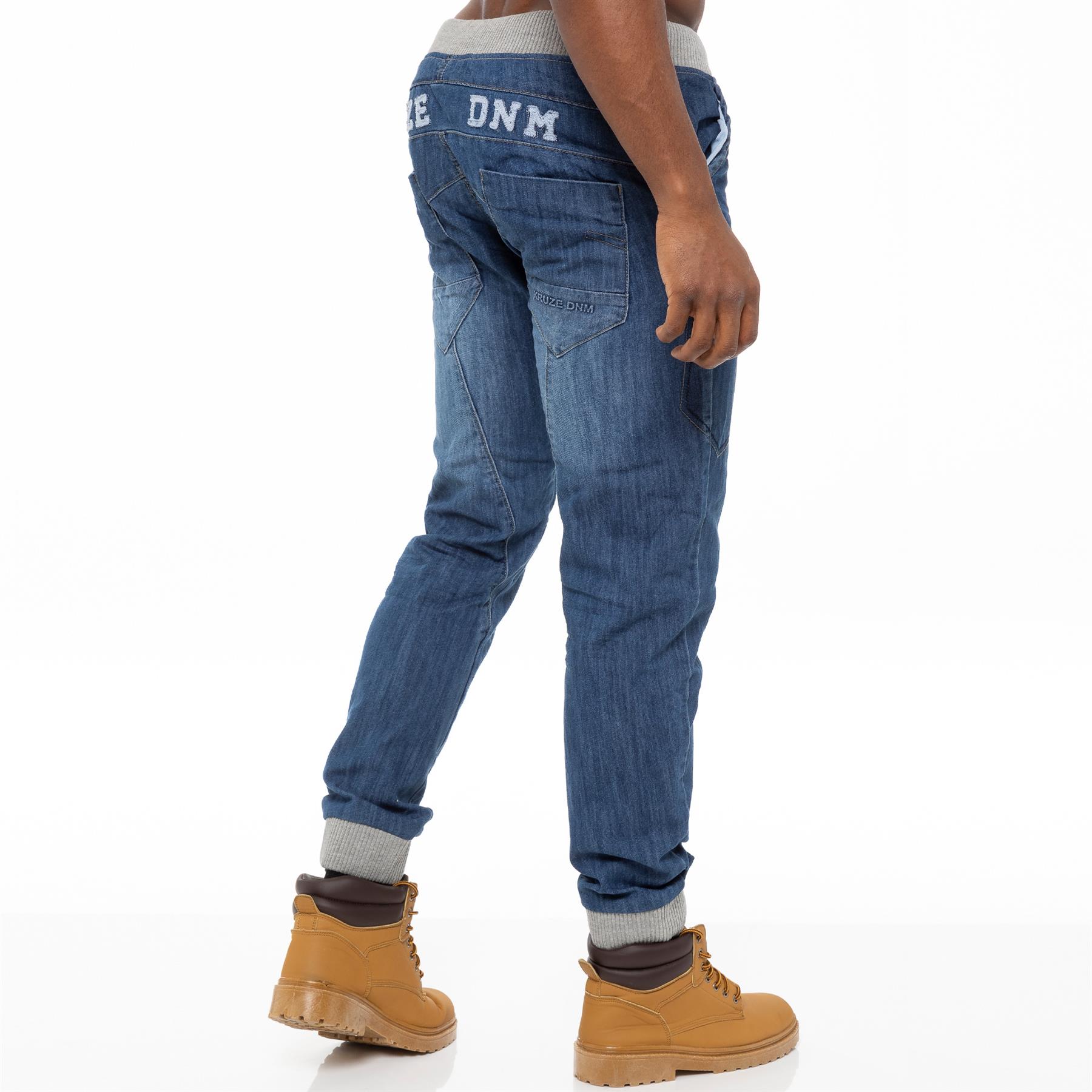 Kruze Mens Cuffed Jeans Joggers Elasticated Waist Denim Trousers Pants