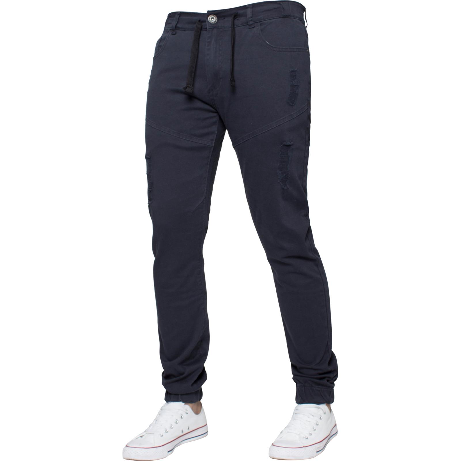 Enzo Mens Ripped Cuffed Chinos Jeans Slim Stretch Jogger Pants All