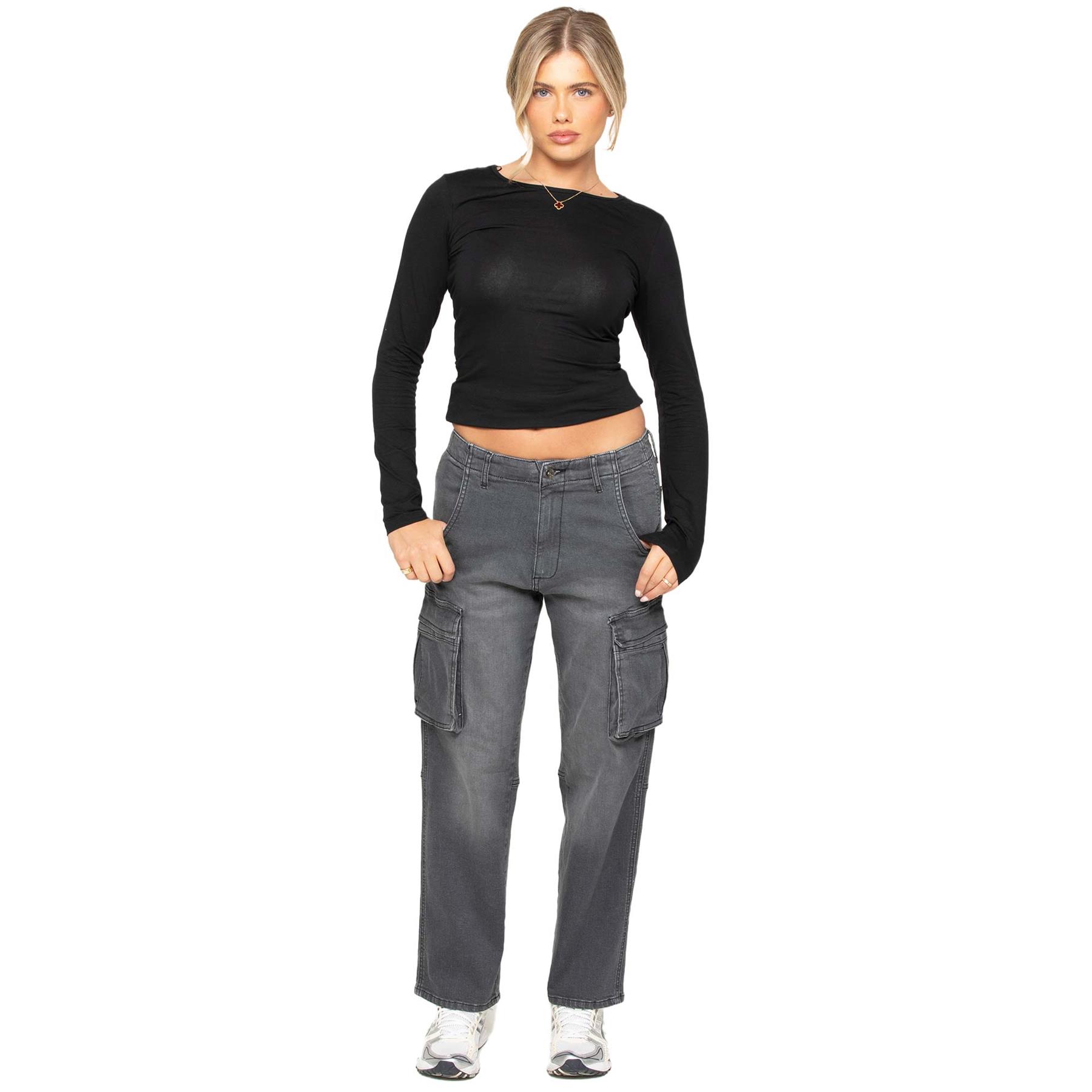 Enzo Womens Straight Leg Cargo Denim Jeans Mid Rise Casual Cotton Pants - Picture 27 of 27