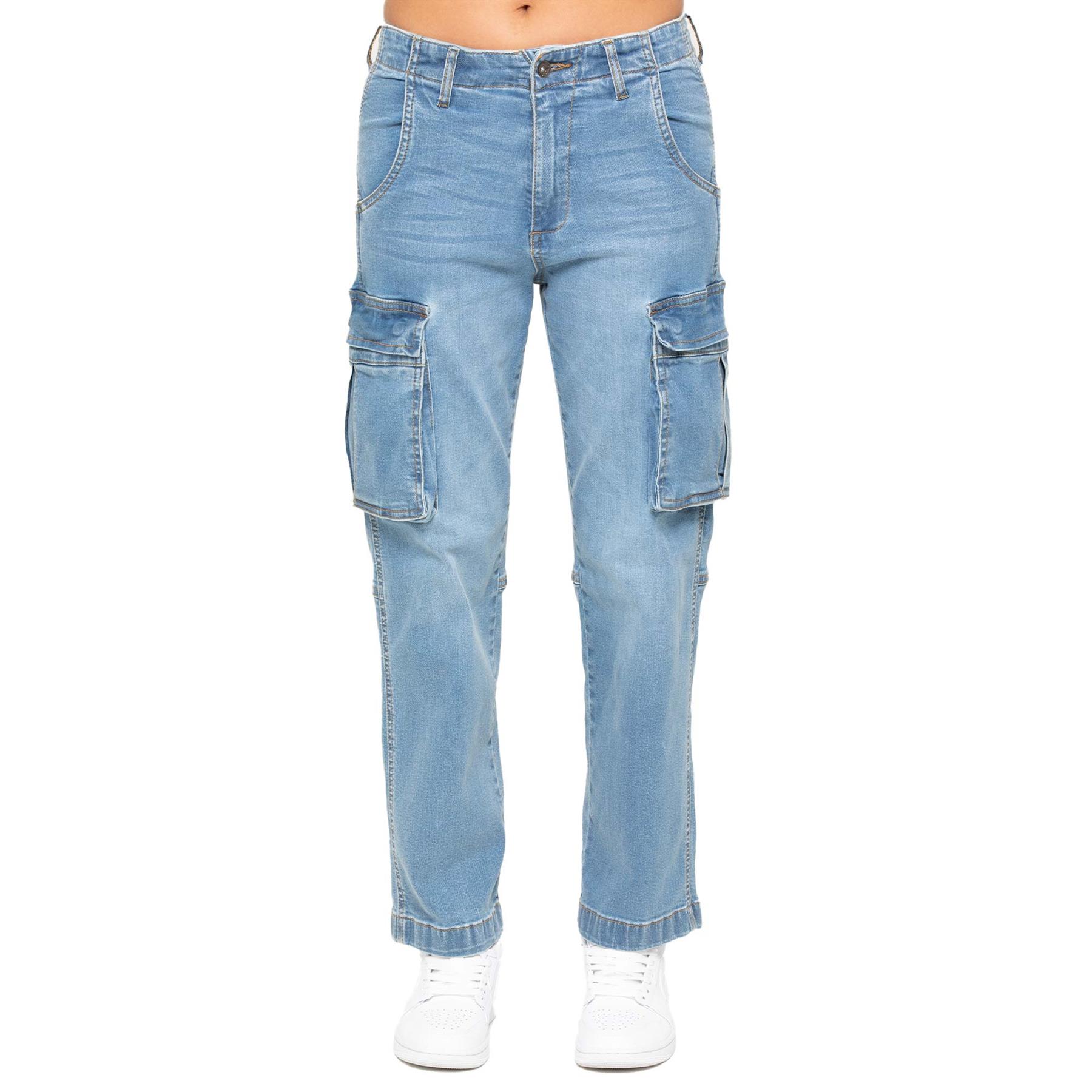 Enzo Womens Straight Leg Cargo Denim Jeans Mid Rise Casual Cotton Pants - Picture 17 of 27