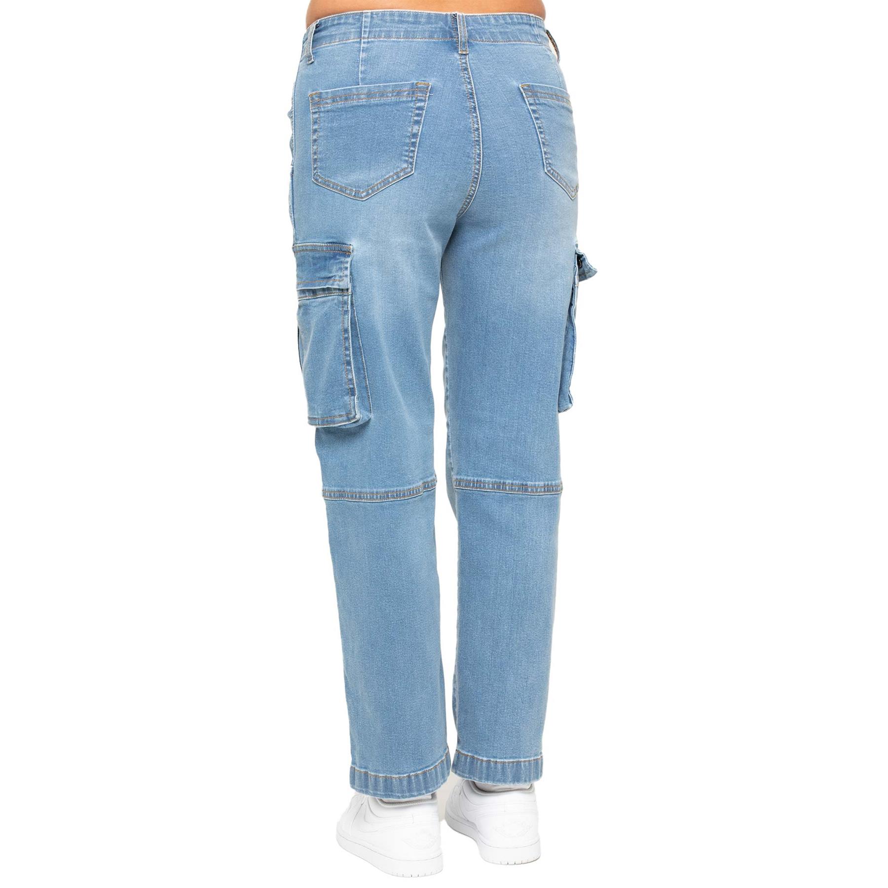 Enzo Womens Straight Leg Cargo Denim Jeans Mid Rise Casual Cotton Pants - Picture 18 of 27