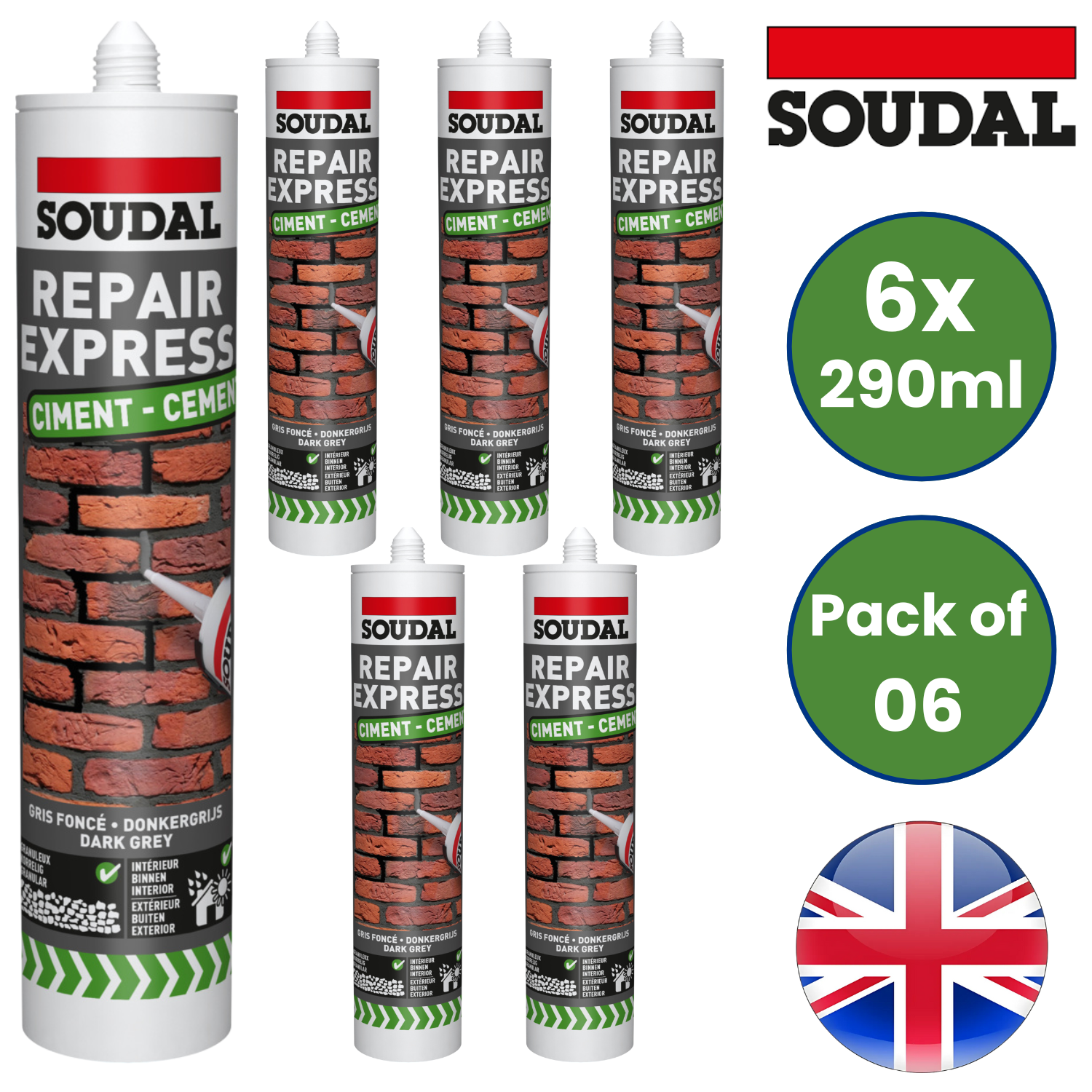 Sellador acrílico para tubo de cemento Soudal Repair Express gris oscuro 290 ml - Paquete de 1-6 - Imagen 10 de 10