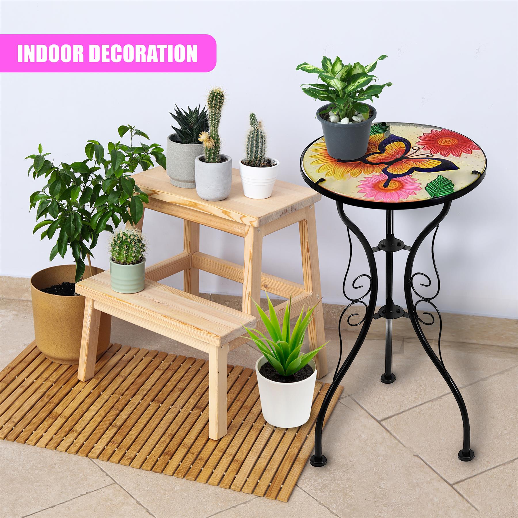 Iron/Glass Round Side Coffee Patio Table Mosaic Design Garden Flower Plant Stand - Picture 27 of 76