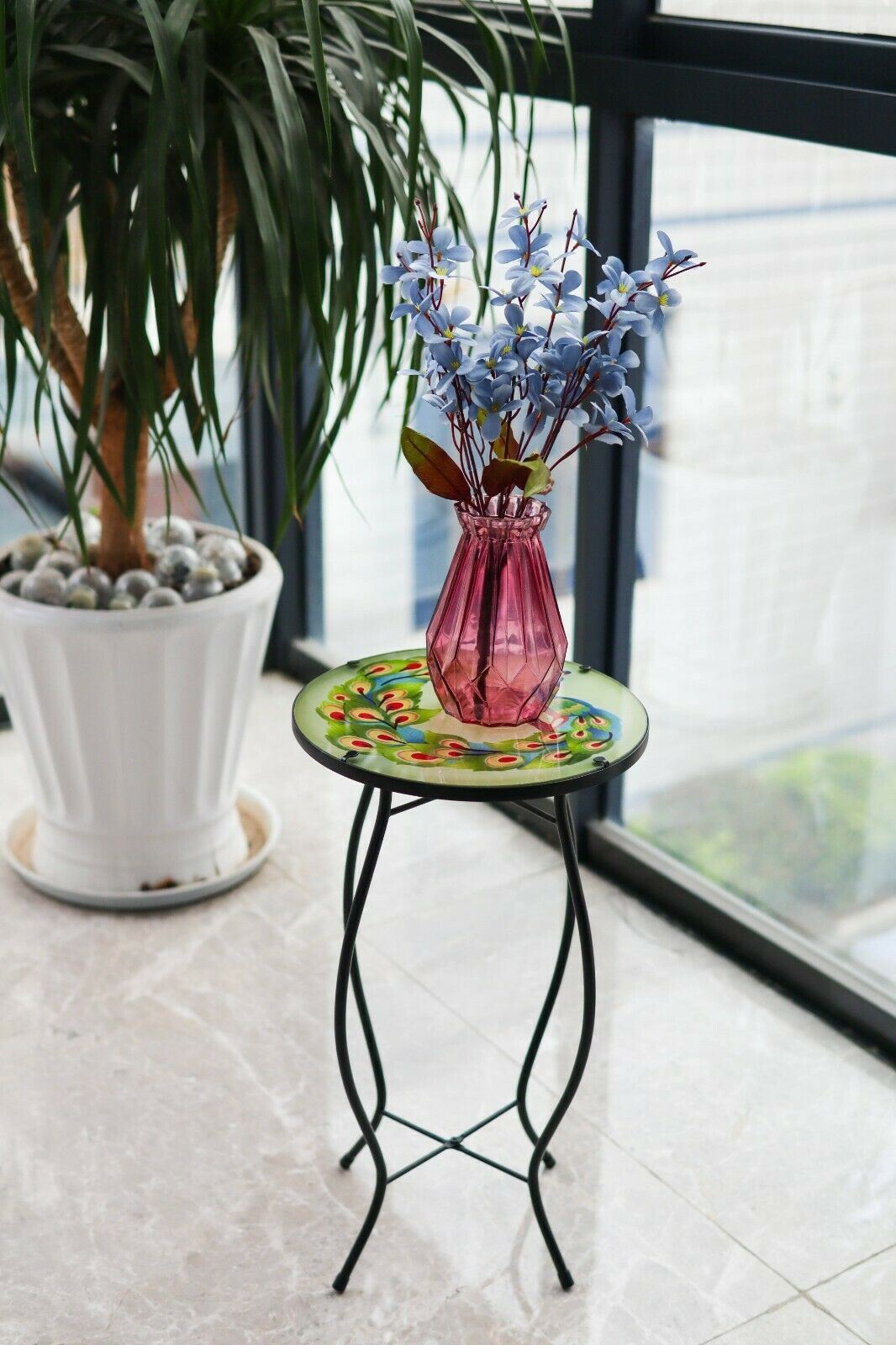 Iron/Glass Round Side Coffee Patio Table Mosaic Design Garden Flower Plant Stand - Picture 58 of 76