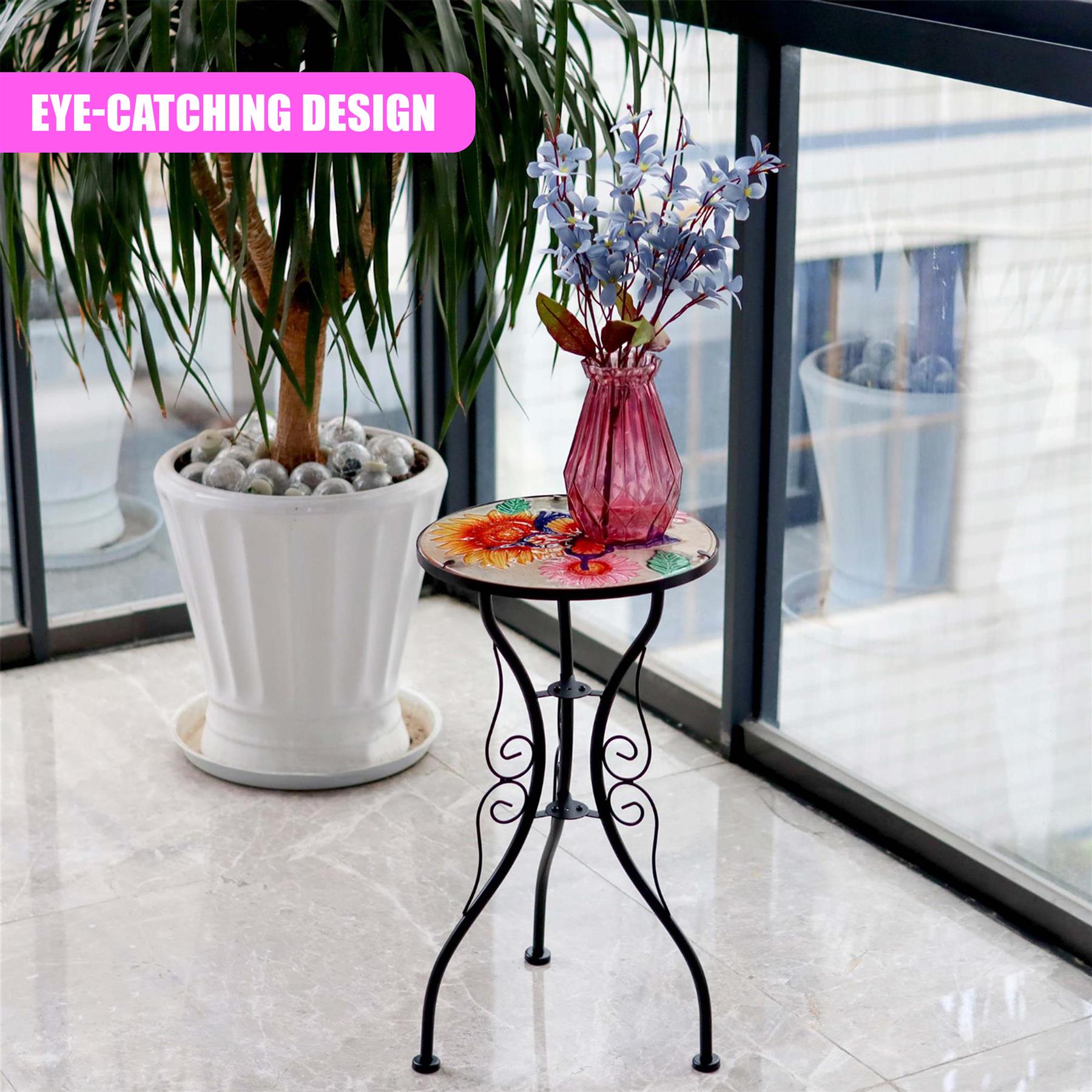 Iron/Glass Round Side Coffee Patio Table Mosaic Design Garden Flower Plant Stand - Picture 26 of 76