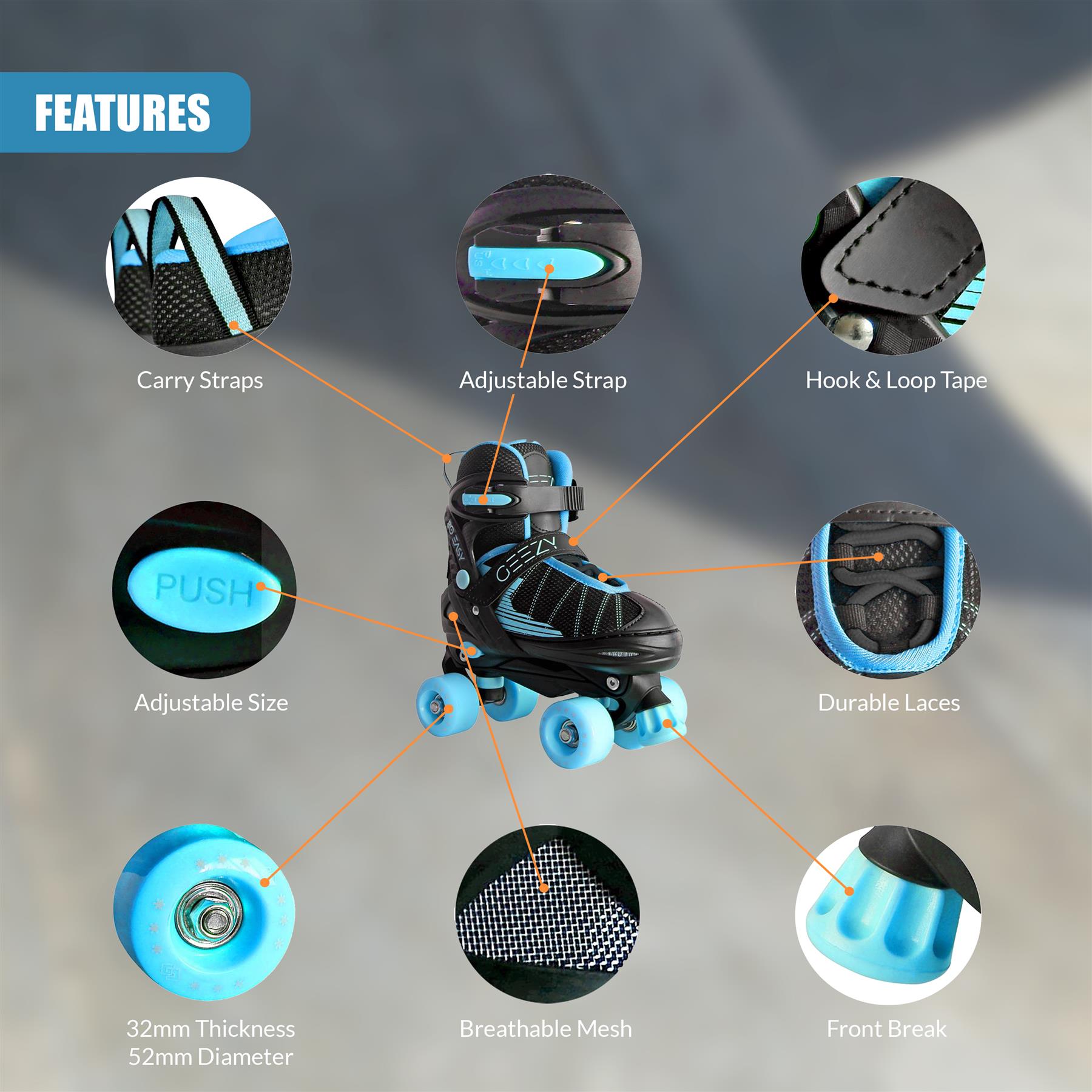 Adjustable Black & Blue Roller Skates with 4 Wheels for Beginner Boys Girls Kids - Picture 24 of 28