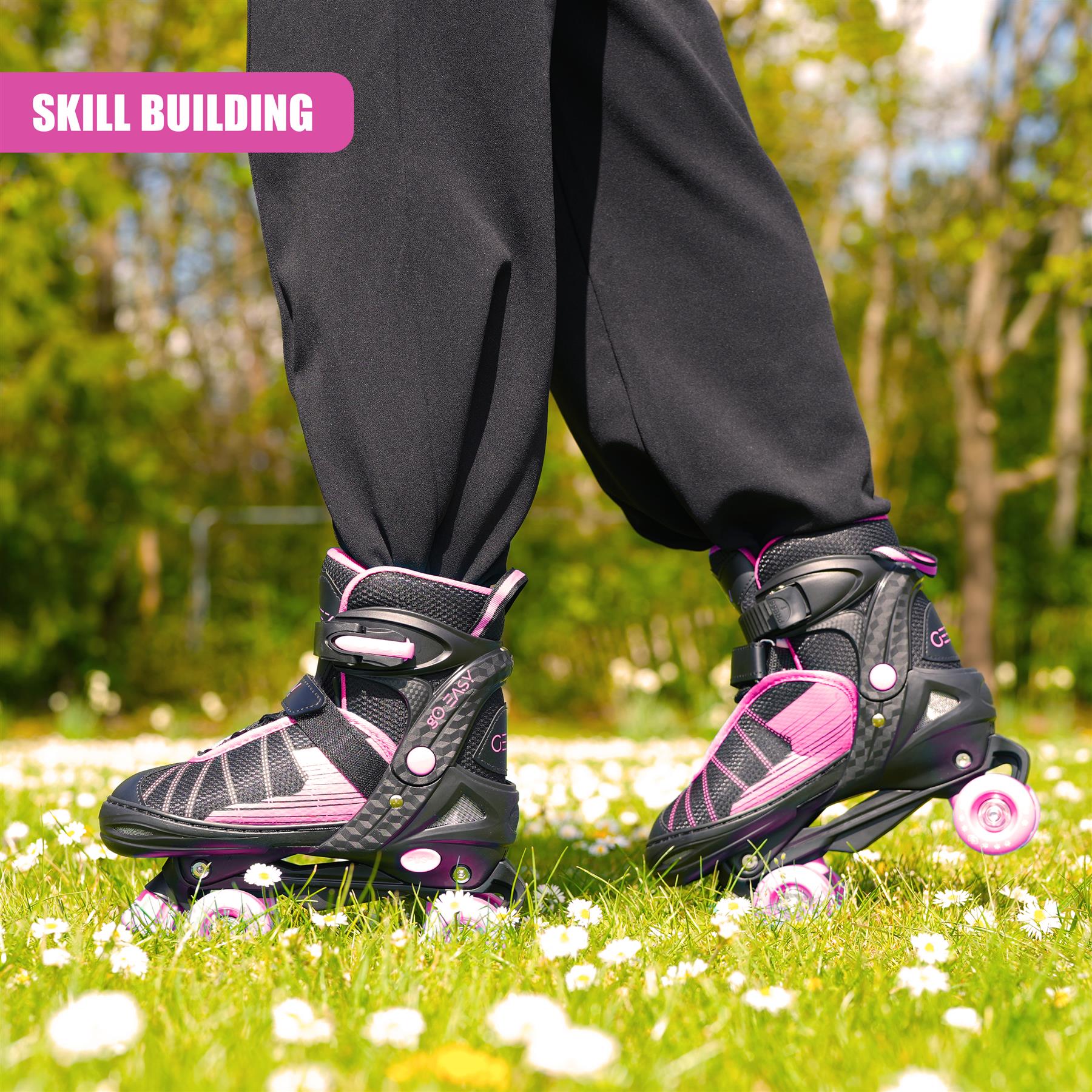 Kids 4 Wheel Quad Pink & Black Roller Skates Boots For Girls & Boys Adjustable - Picture 26 of 28