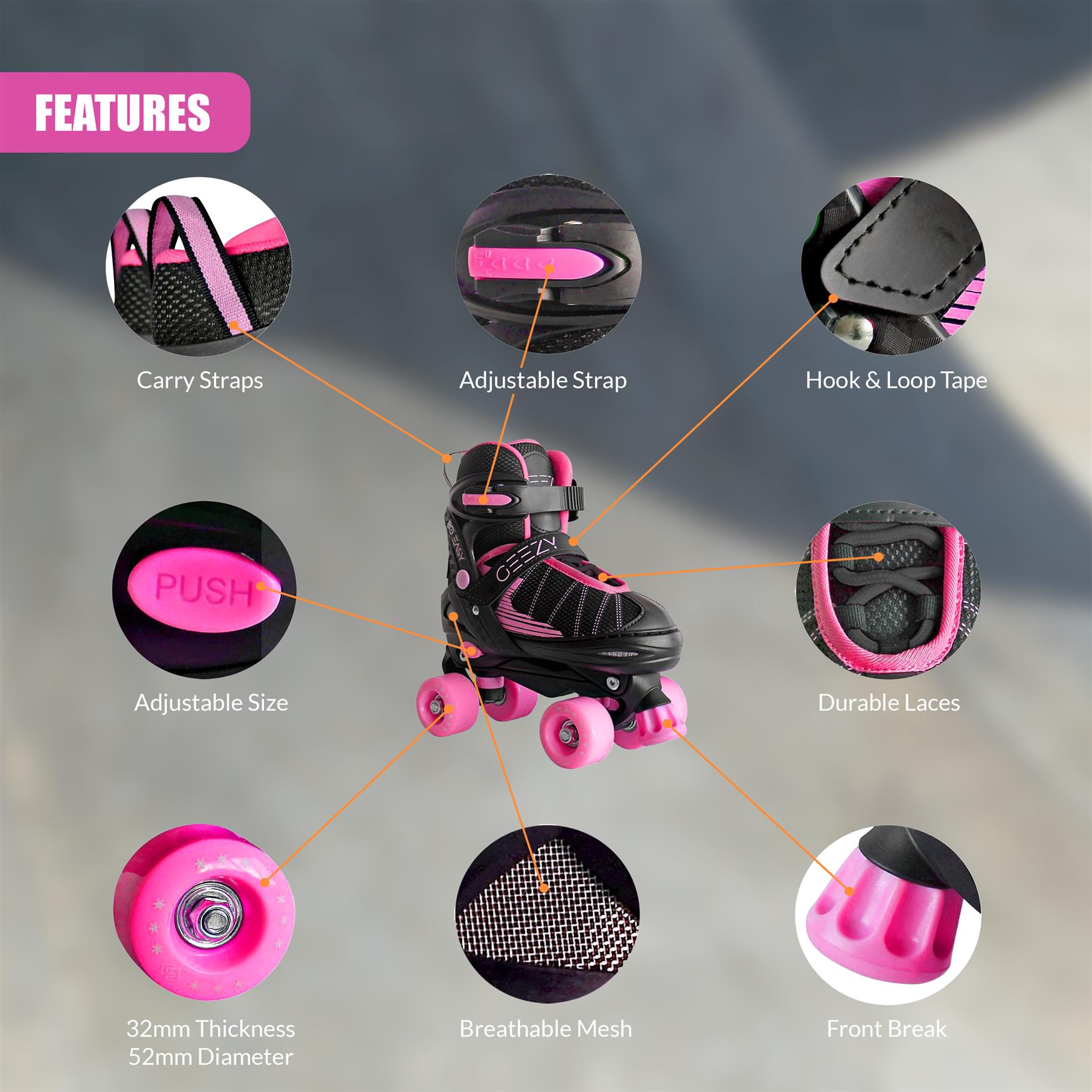 Kids 4 Wheel Quad Pink & Black Roller Skates Boots For Girls & Boys Adjustable - Picture 17 of 28
