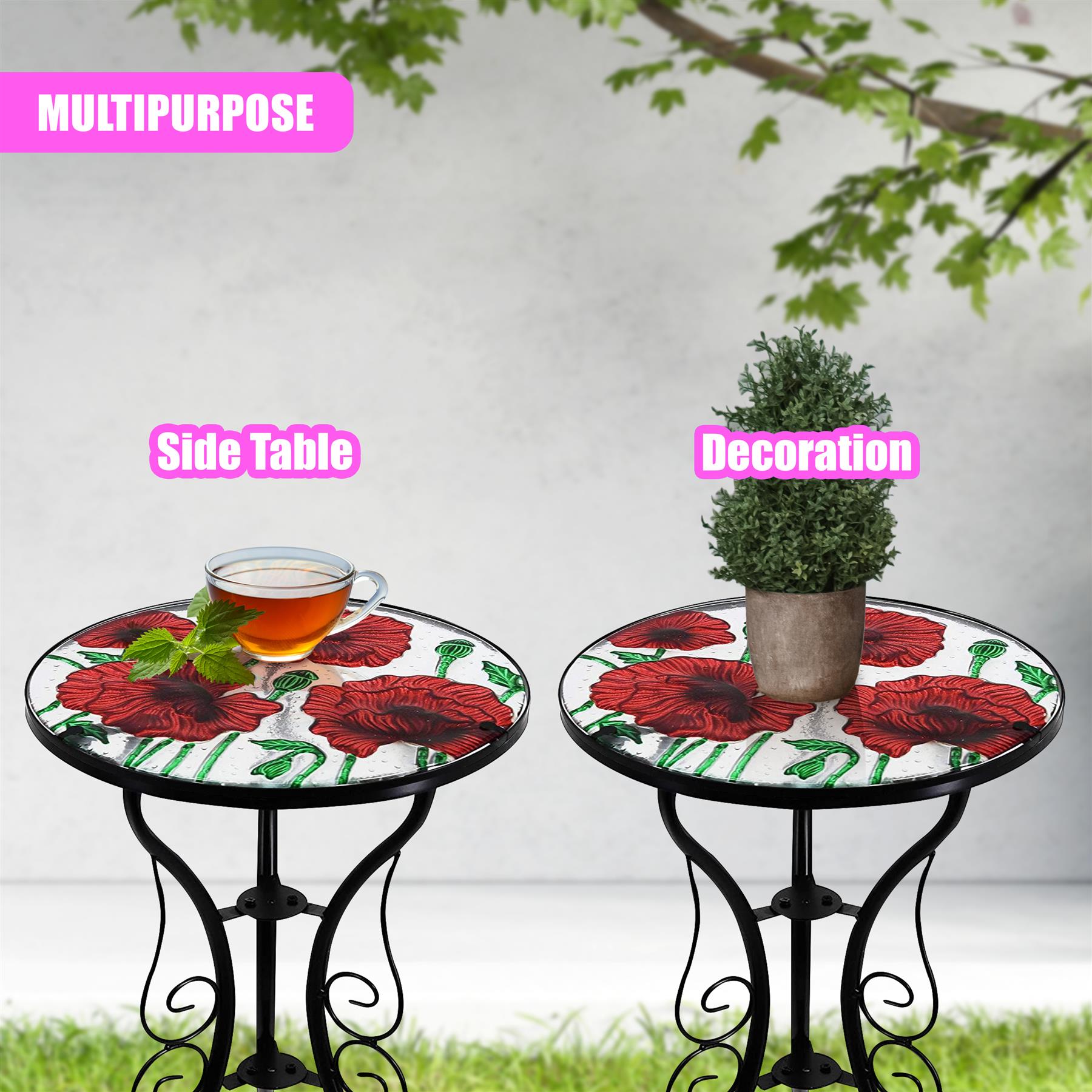 Iron/Glass Round Side Coffee Patio Table Mosaic Design Garden Flower Plant Stand - Picture 49 of 76