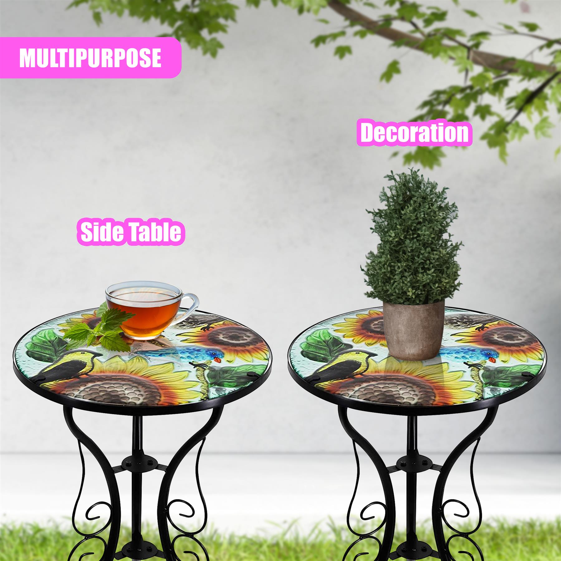 Iron/Glass Round Side Coffee Patio Table Mosaic Design Garden Flower Plant Stand - Picture 73 of 76