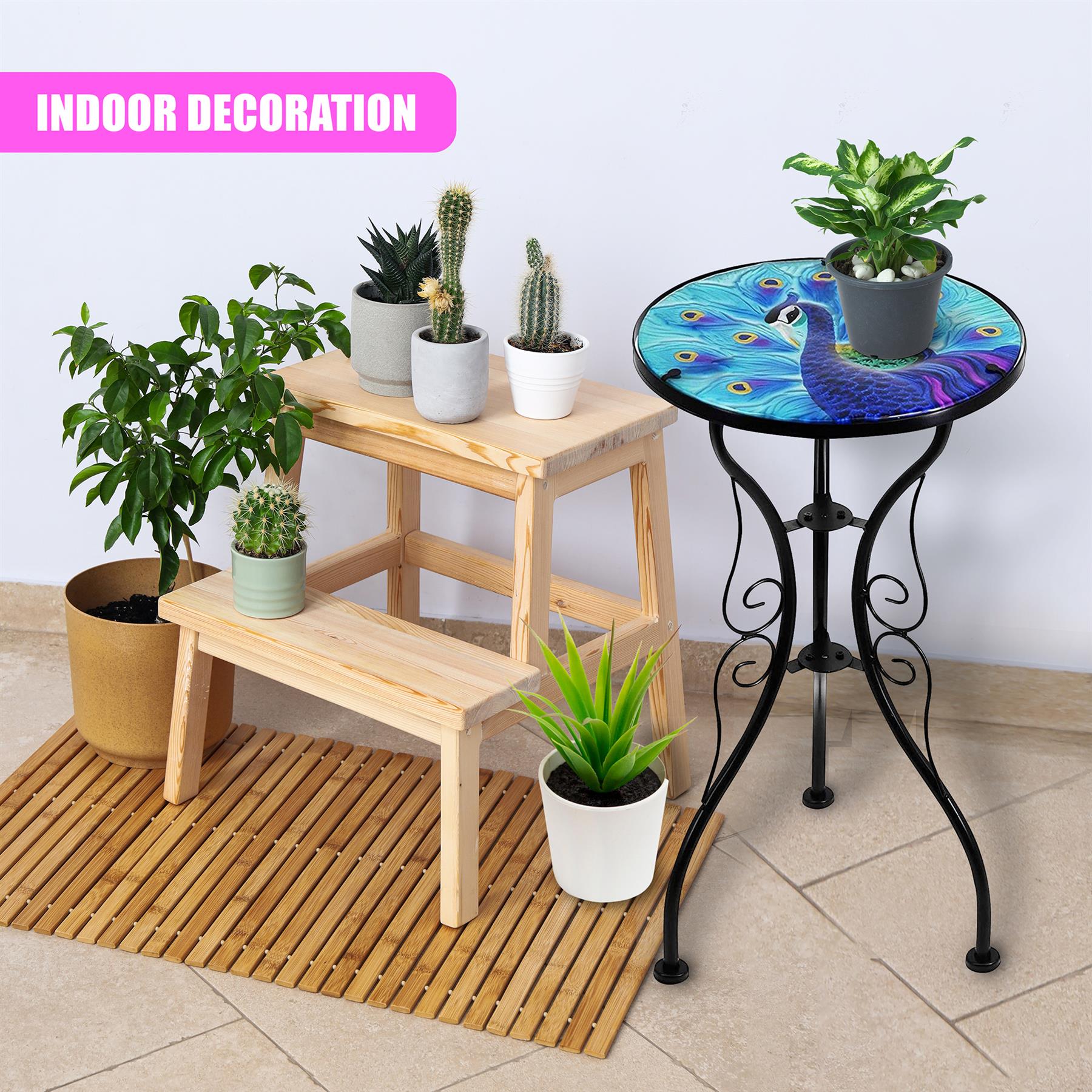 Iron/Glass Round Side Coffee Patio Table Mosaic Design Garden Flower Plant Stand - Picture 10 of 76