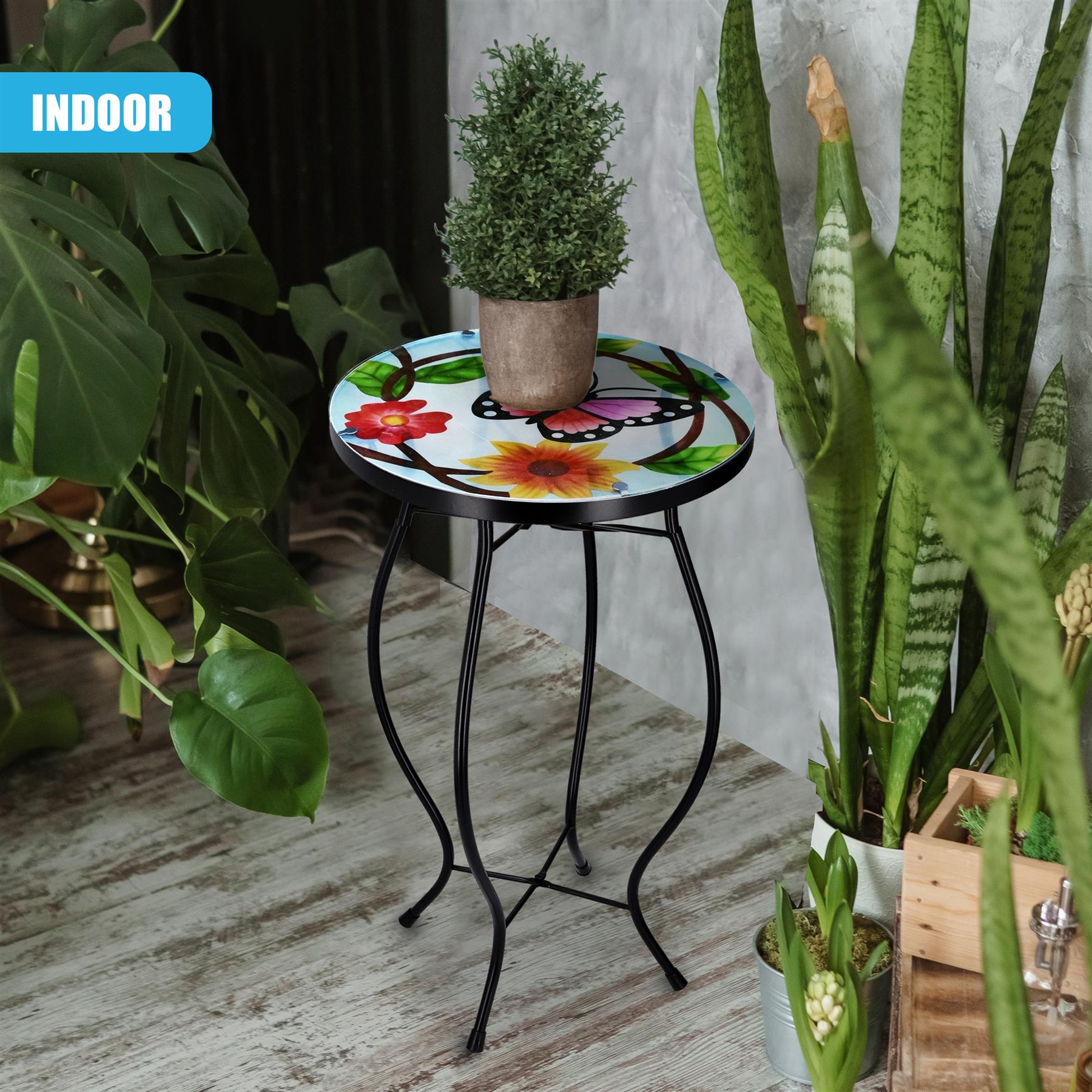 Iron/Glass Round Side Coffee Patio Table Mosaic Design Garden Flower Plant Stand - Picture 60 of 76
