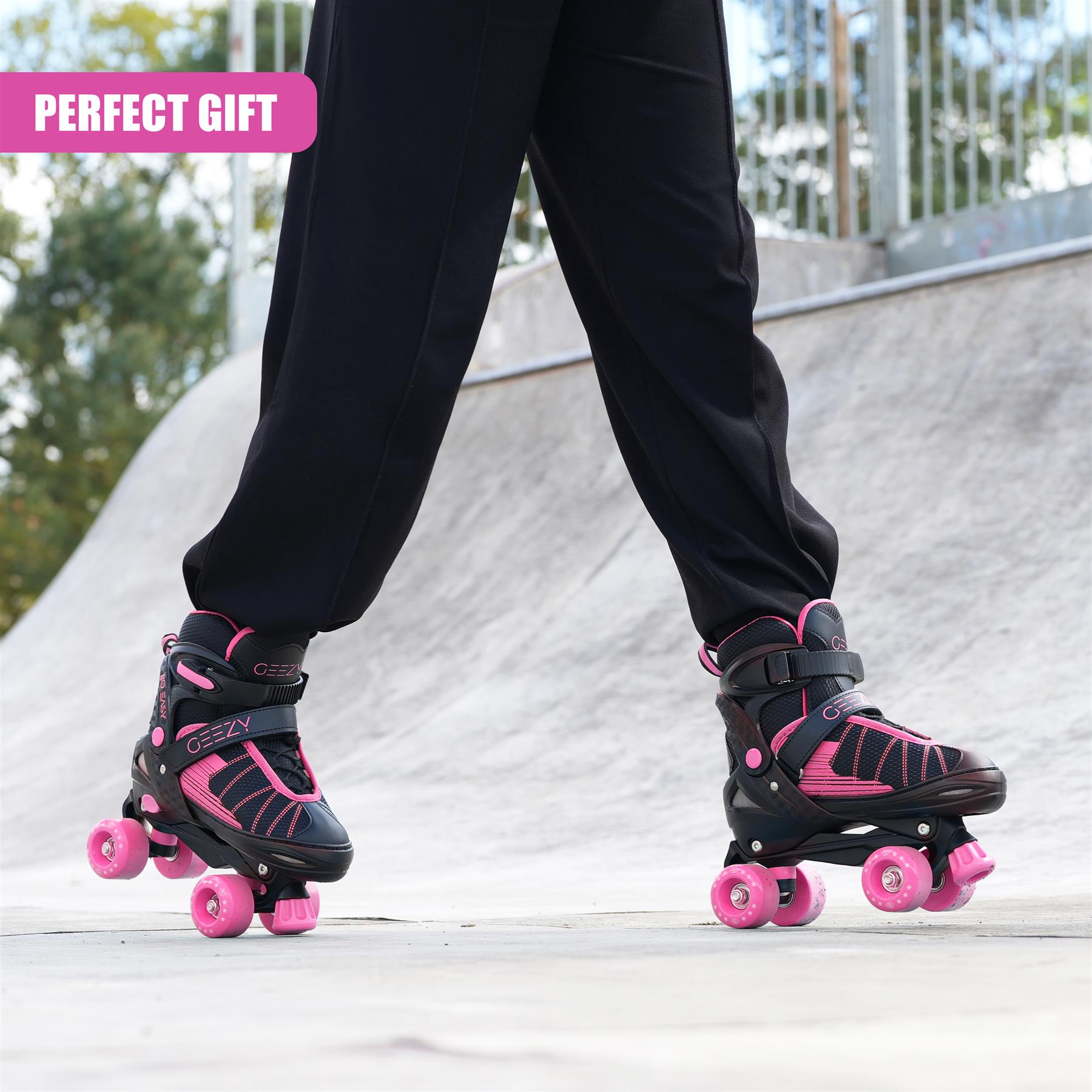 Kids 4 Wheel Quad Pink & Black Roller Skates Boots For Girls & Boys Adjustable - Picture 20 of 28