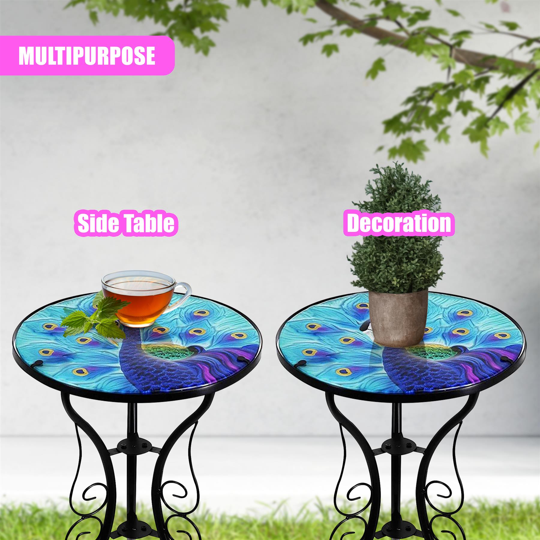 Iron/Glass Round Side Coffee Patio Table Mosaic Design Garden Flower Plant Stand - Picture 7 of 76