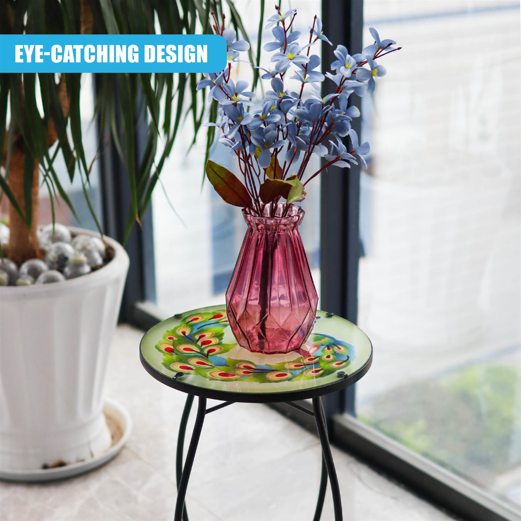 Iron/Glass Round Side Coffee Patio Table Mosaic Design Garden Flower Plant Stand - Picture 39 of 76