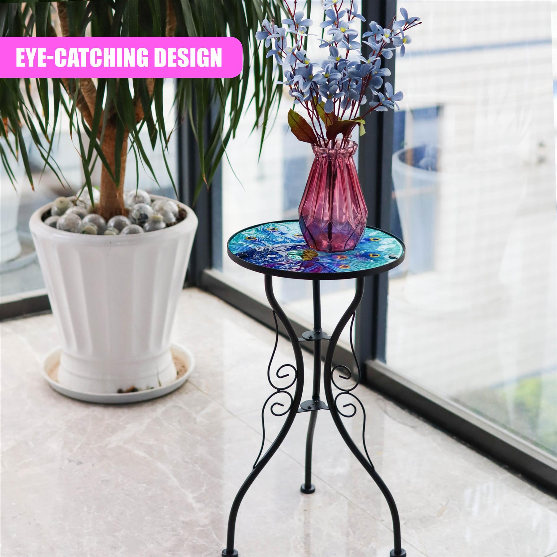 Iron/Glass Round Side Coffee Patio Table Mosaic Design Garden Flower Plant Stand - Picture 9 of 76