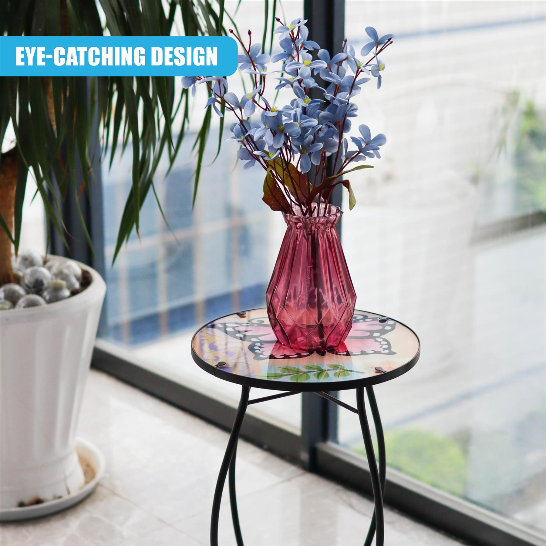 Iron/Glass Round Side Coffee Patio Table Mosaic Design Garden Flower Plant Stand - Picture 33 of 76