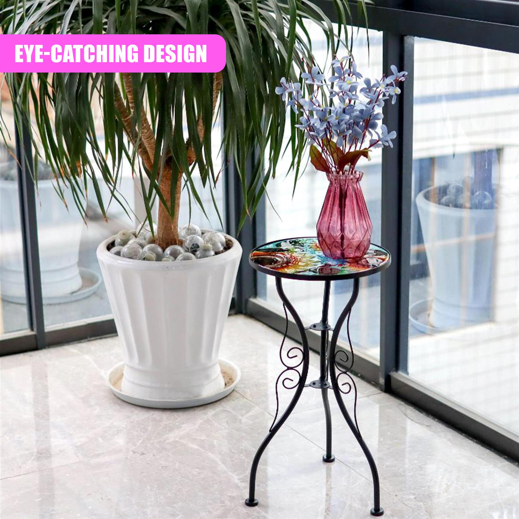 Iron/Glass Round Side Coffee Patio Table Mosaic Design Garden Flower Plant Stand - Picture 71 of 76