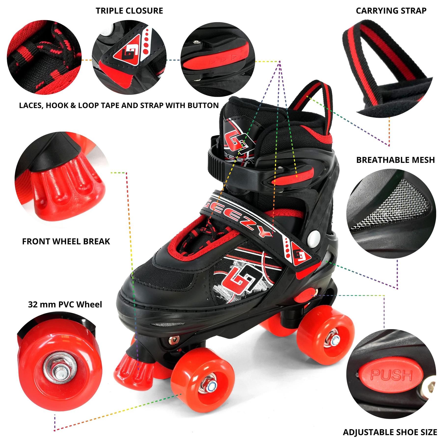 Kids Adjustable 4 Wheel Red Quad Roller Skates For Girls & Boys Adjustable Sizes - Picture 16 of 28