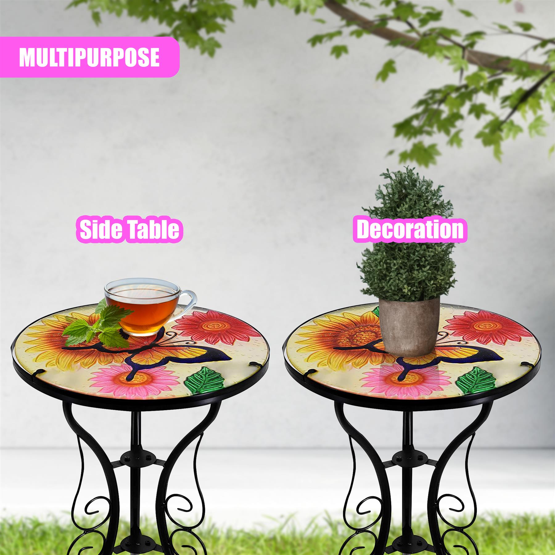 Iron/Glass Round Side Coffee Patio Table Mosaic Design Garden Flower Plant Stand - Picture 24 of 76