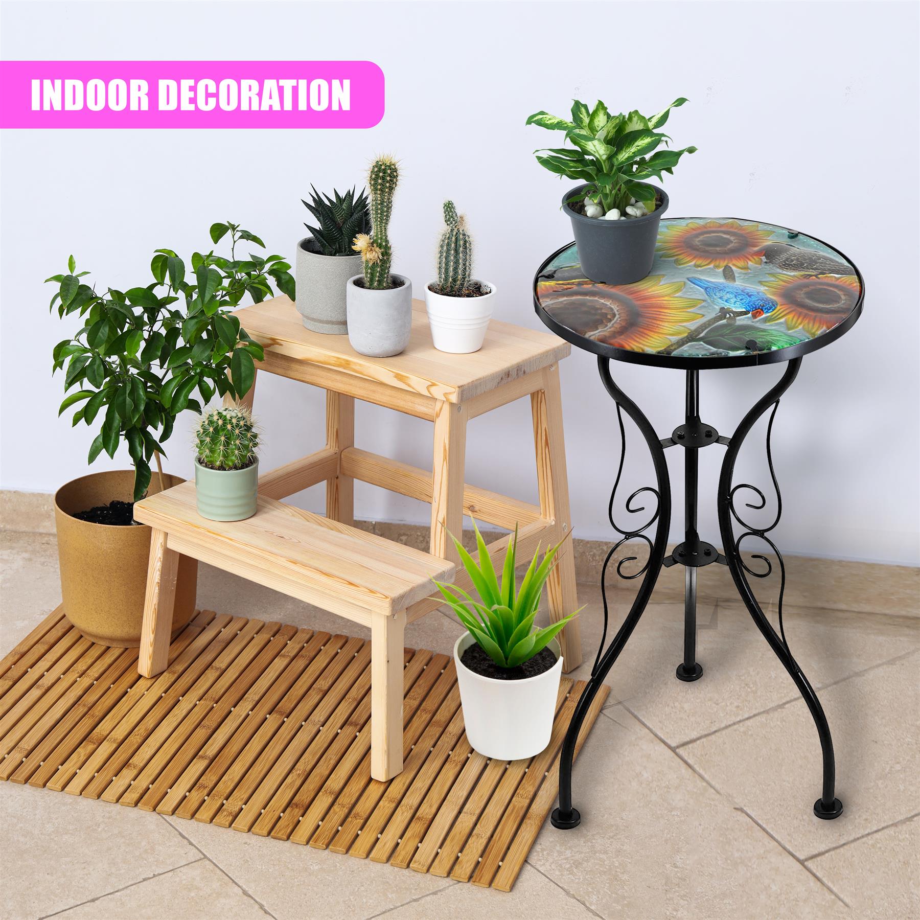 Iron/Glass Round Side Coffee Patio Table Mosaic Design Garden Flower Plant Stand - Picture 70 of 76