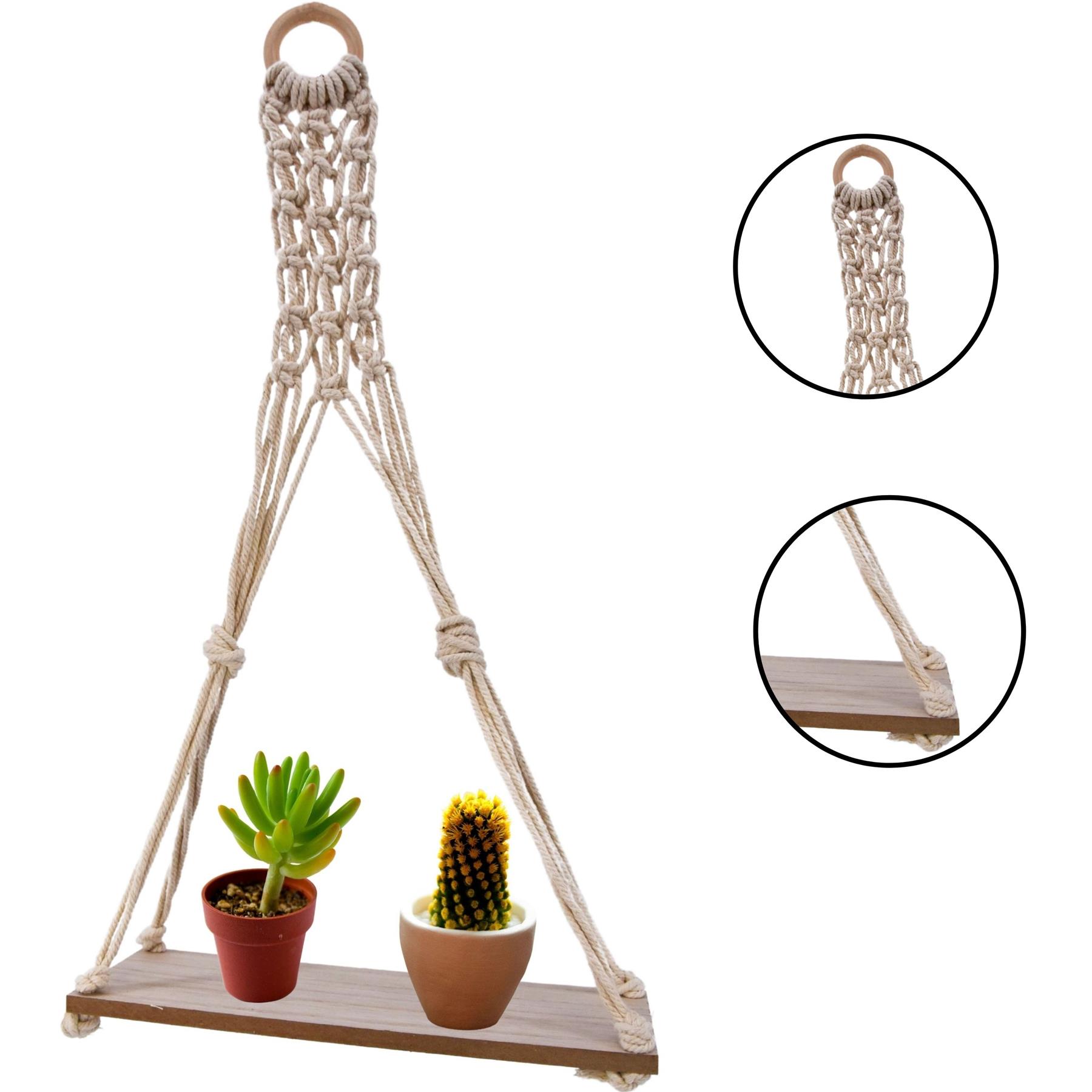 1/2 Tier Hanging Floating Rope Shelf Wooden Storage Kitchen Wall Boho Decor Gift - Picture 9 of 21