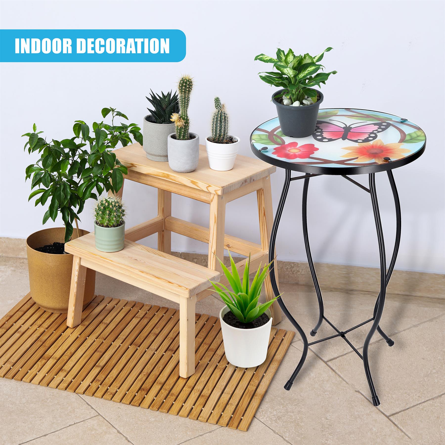 Iron/Glass Round Side Coffee Patio Table Mosaic Design Garden Flower Plant Stand - Picture 63 of 76