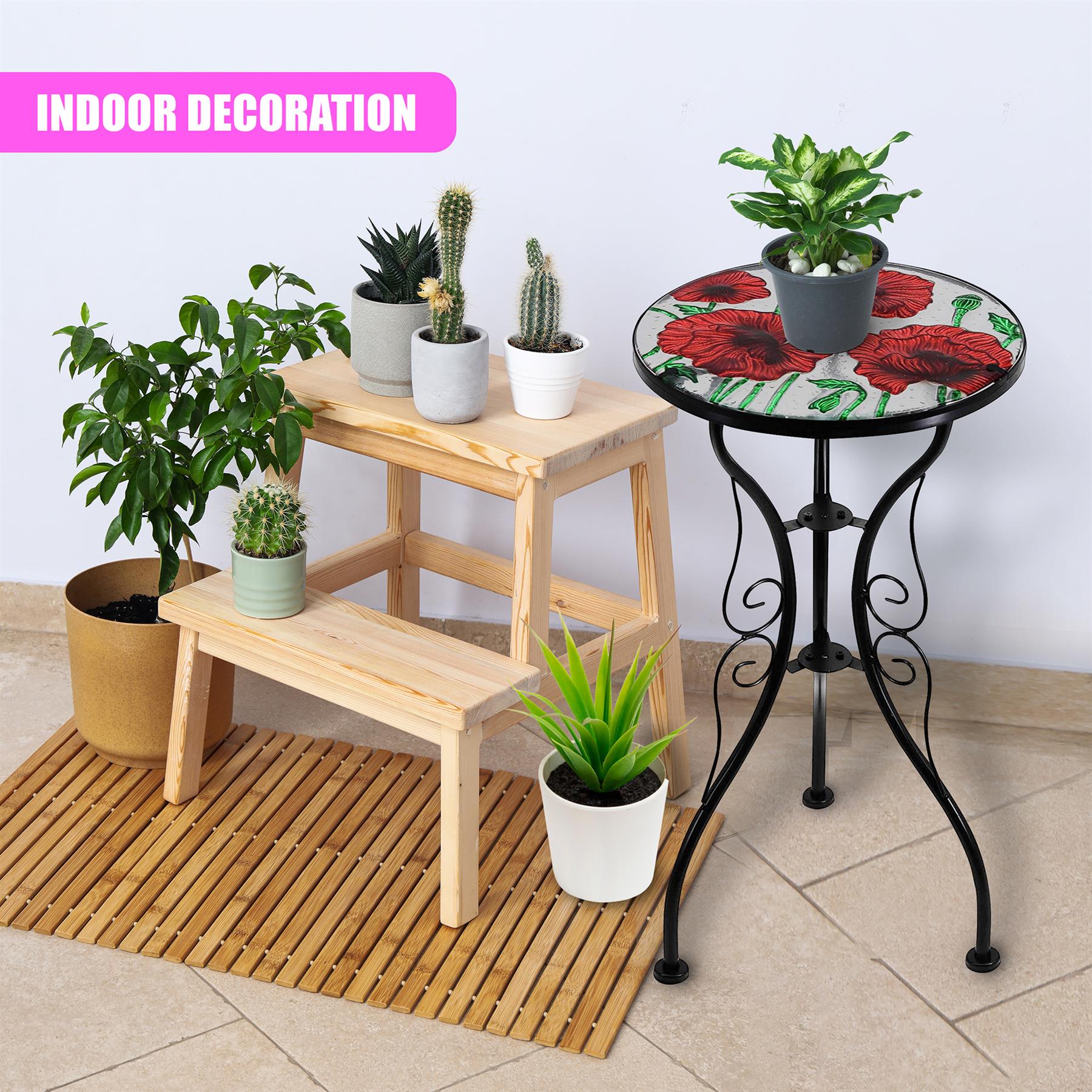 Iron/Glass Round Side Coffee Patio Table Mosaic Design Garden Flower Plant Stand - Picture 51 of 76