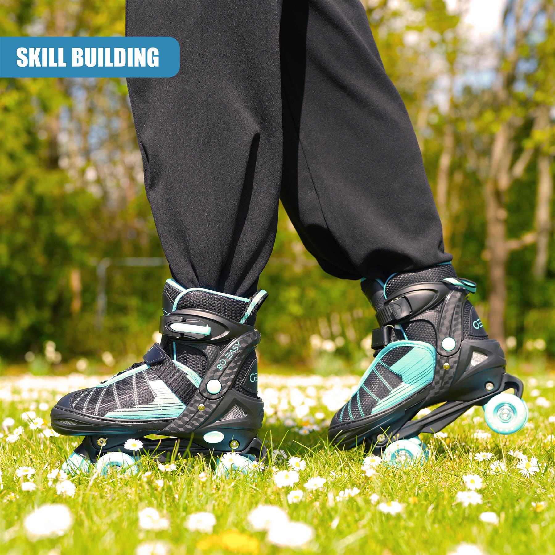 Adjustable Black & Blue Roller Skates with 4 Wheels for Beginner Boys Girls Kids - Picture 26 of 28