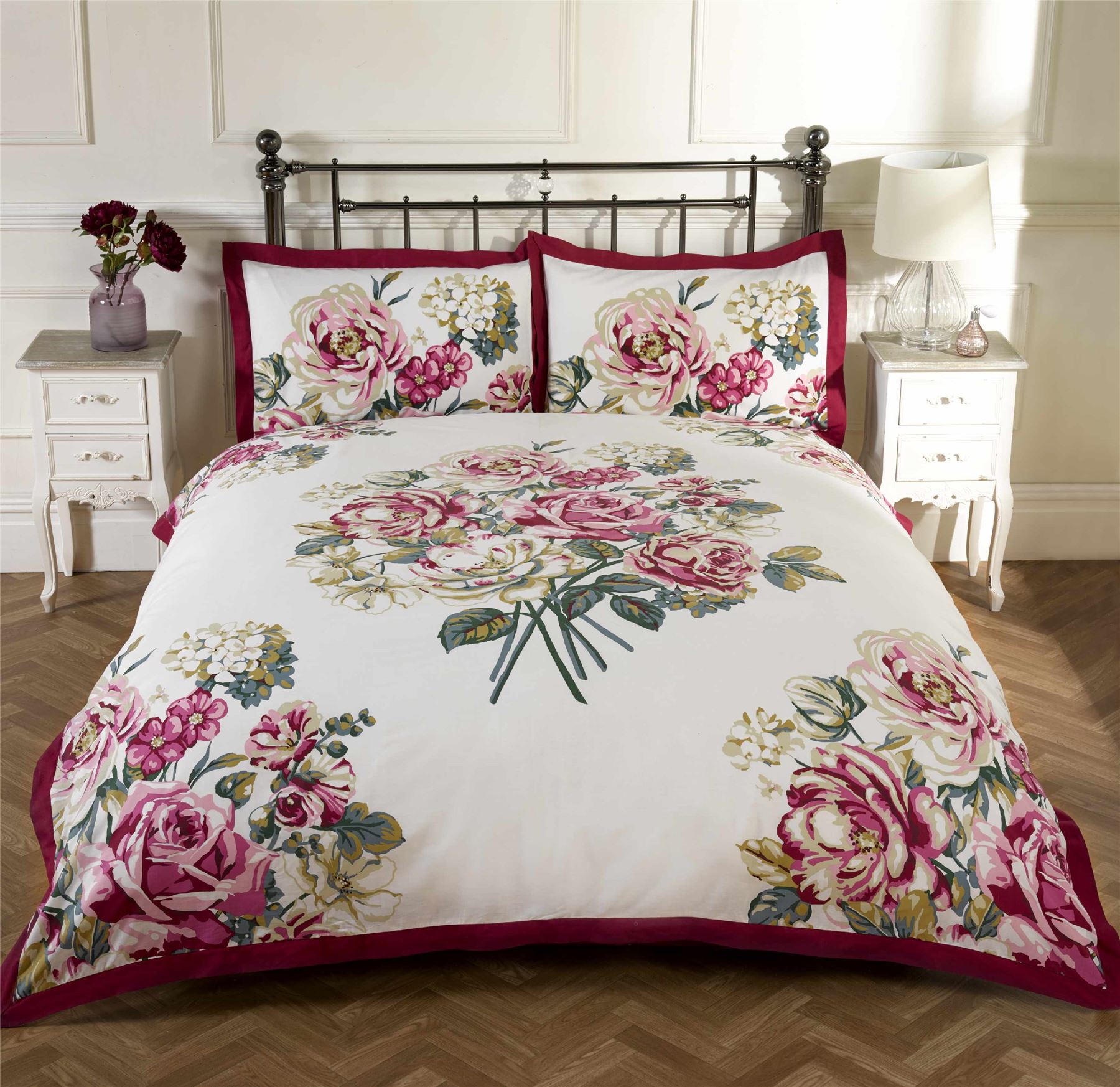 Bloomsbury off White and Claret Red Floral Print Single Duvet Cover Bed