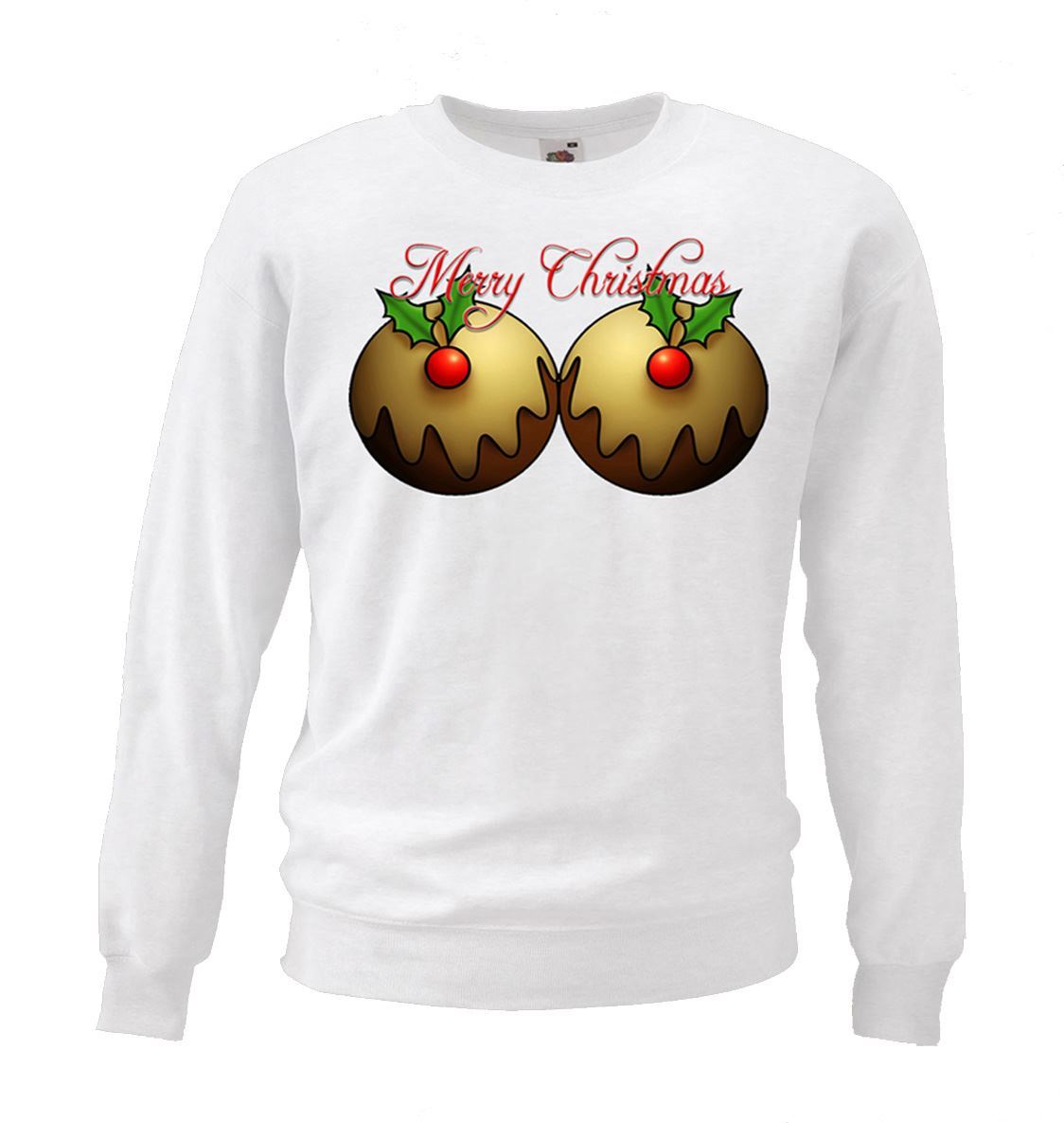 Adults Novelty Xmas Pudding Boobs Fun Festive White Christmas Jumper - Picture 4 of 7
